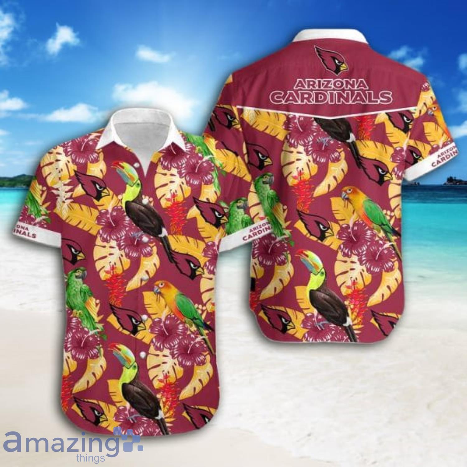 Arizona Cardinals Tropical Leaves Pattern Short Sleeve Hawaiian Shirt Product Photo 1