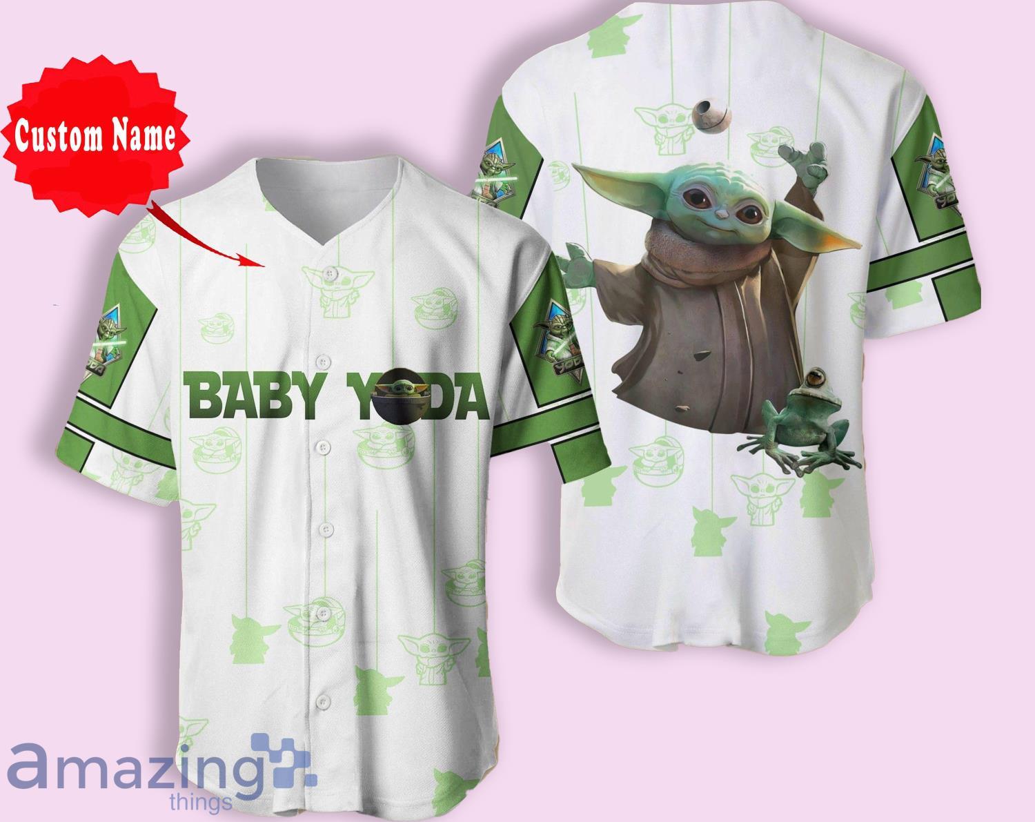Baby Yoda White Green Cartoon Custom Name And Number Baseball Jersey Shirt Product Photo 1