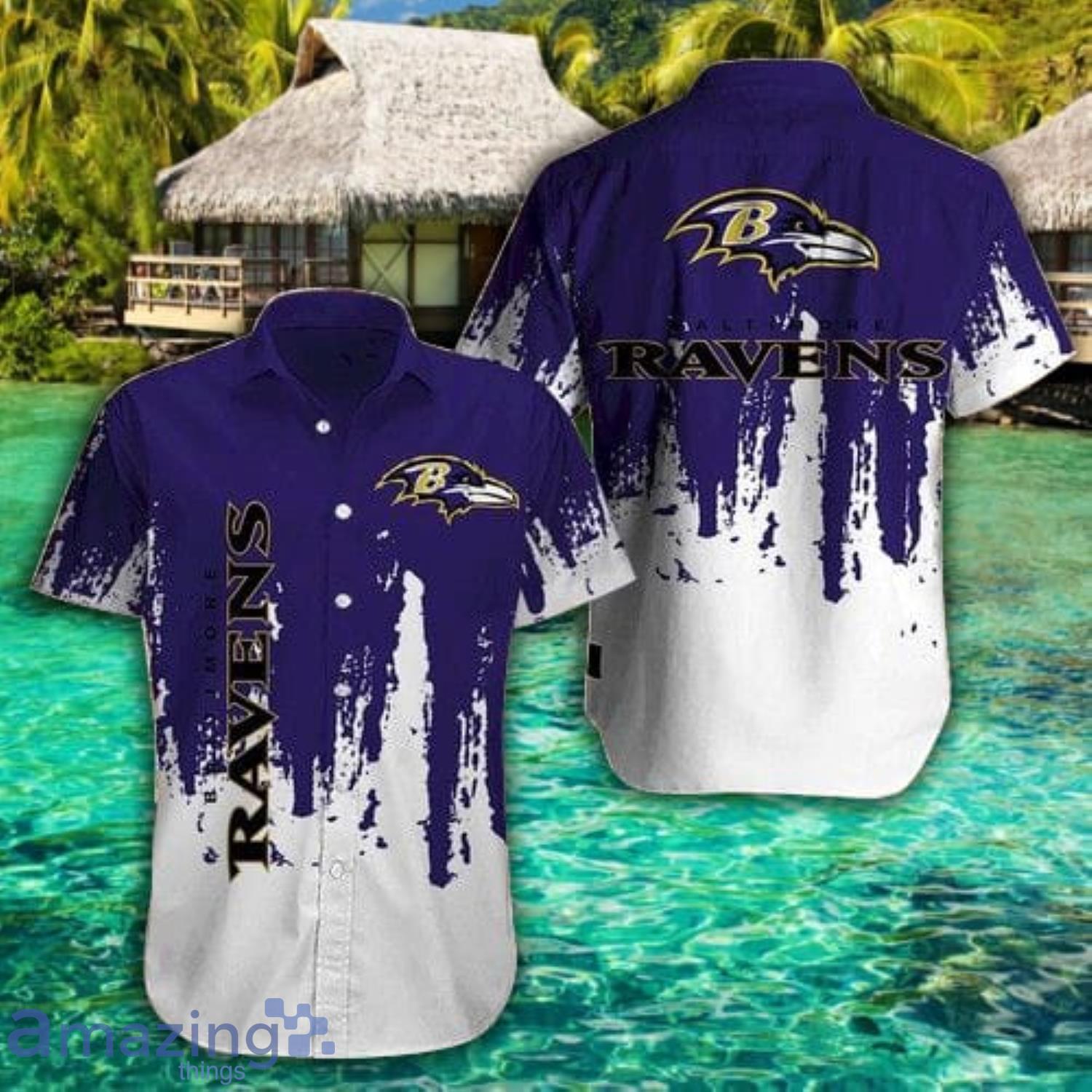 Baltimore Ravens Grunge Texture Purple And White Short Sleeve Hawaiian Shirt Product Photo 1