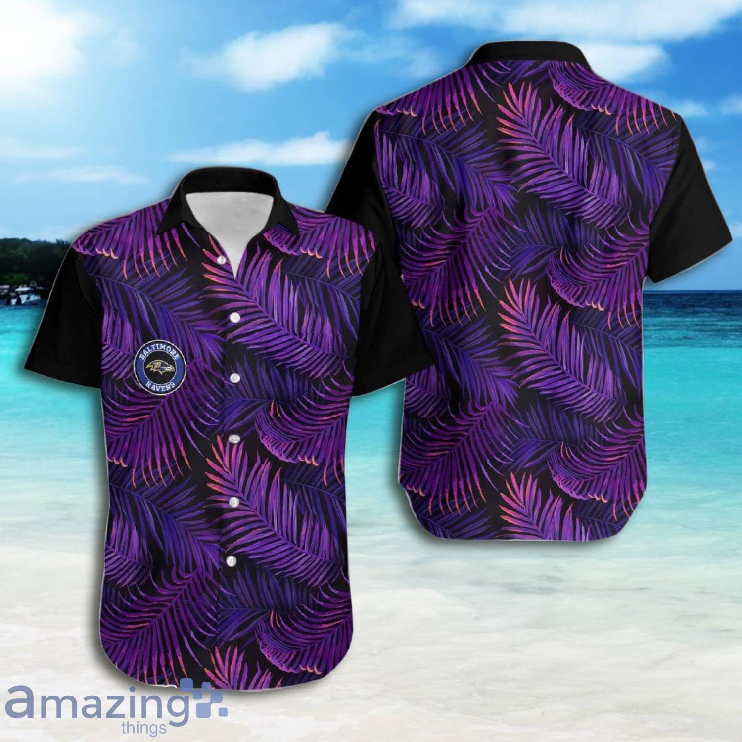 Baltimore Ravens Palm Leaves Purple Short Sleeve Hawaiian Shirt Product Photo 1