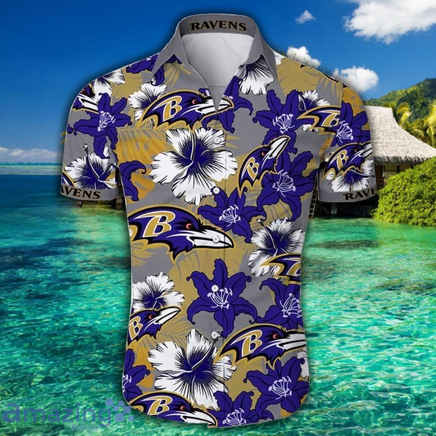 Baltimore Ravens Tropical Flowers Short Sleeve Hawaiian Shirt Product Photo 1