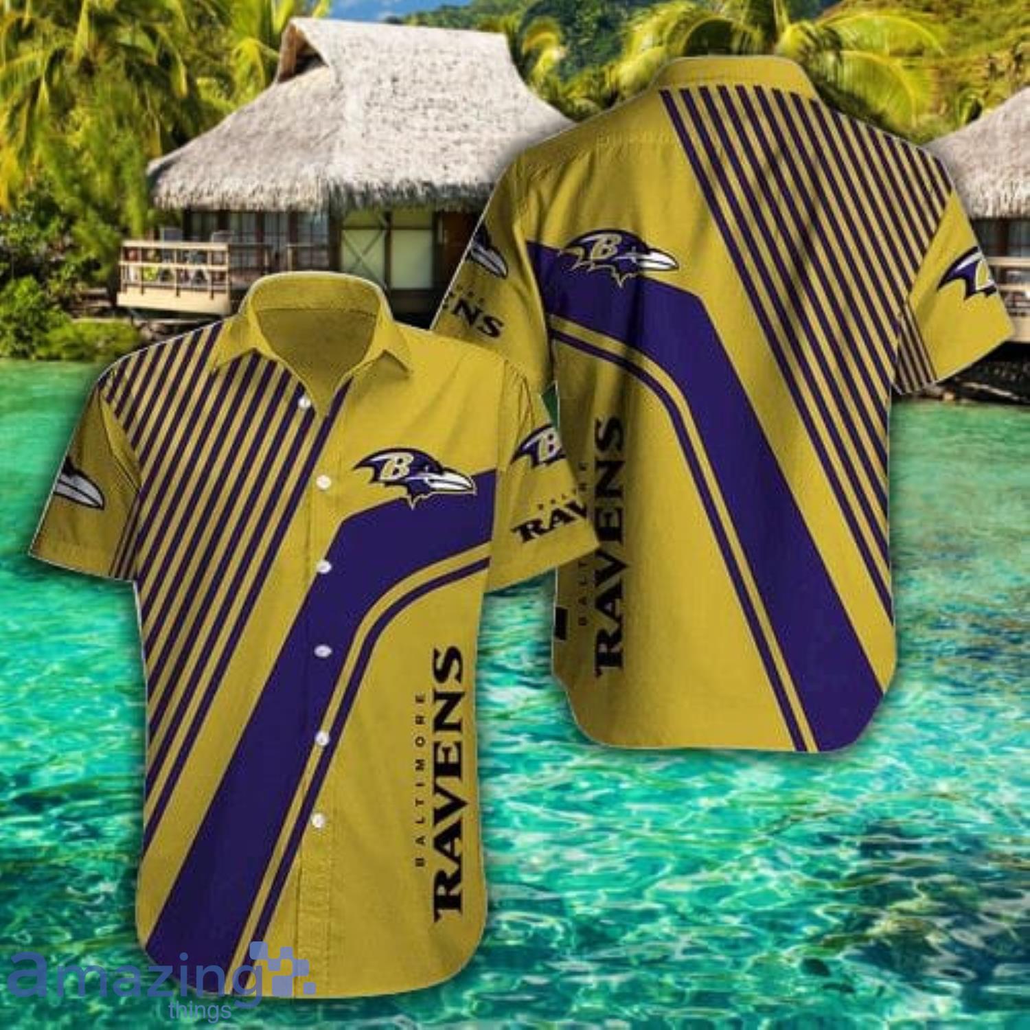 Baltimore Ravens Yellow And Purple Short Sleeve Hawaiian Shirt Product Photo 1