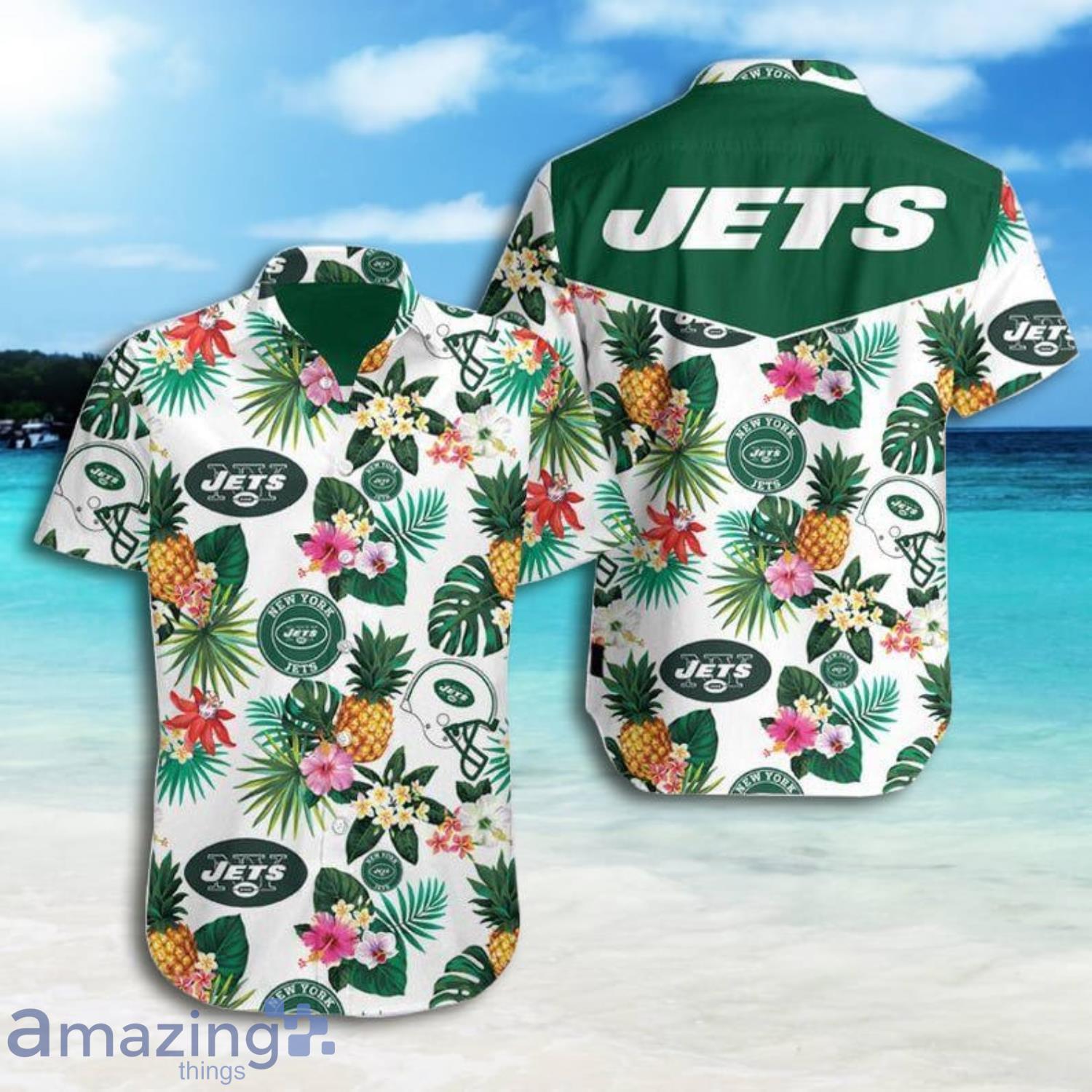 Beach Shirt New York Jets Pineapple And Tropical Flowers Short Sleeve Hawaiian Shirt Product Photo 1