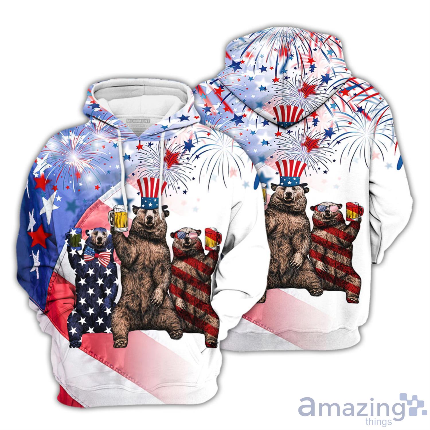 Bear  With Firework 4th Of July Independence Day All Over Print Hoodie Product Photo 1