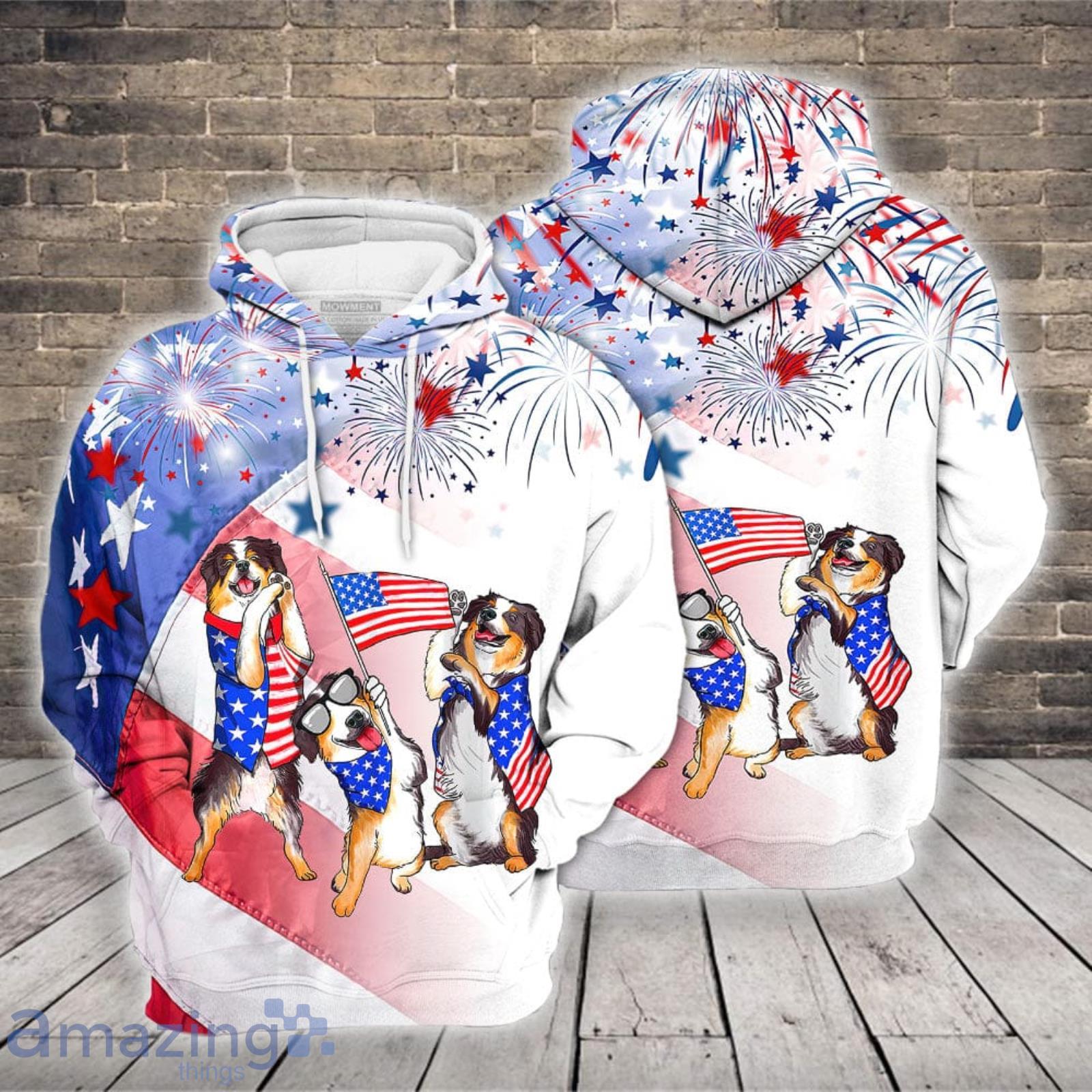 Bernese Mountain Wearing USA Clothes With Firework 3D Hoodie Product Photo 1 Bernese Mountain Wearing USA Clothes With Firework 3D Hoodie Product Photo 1