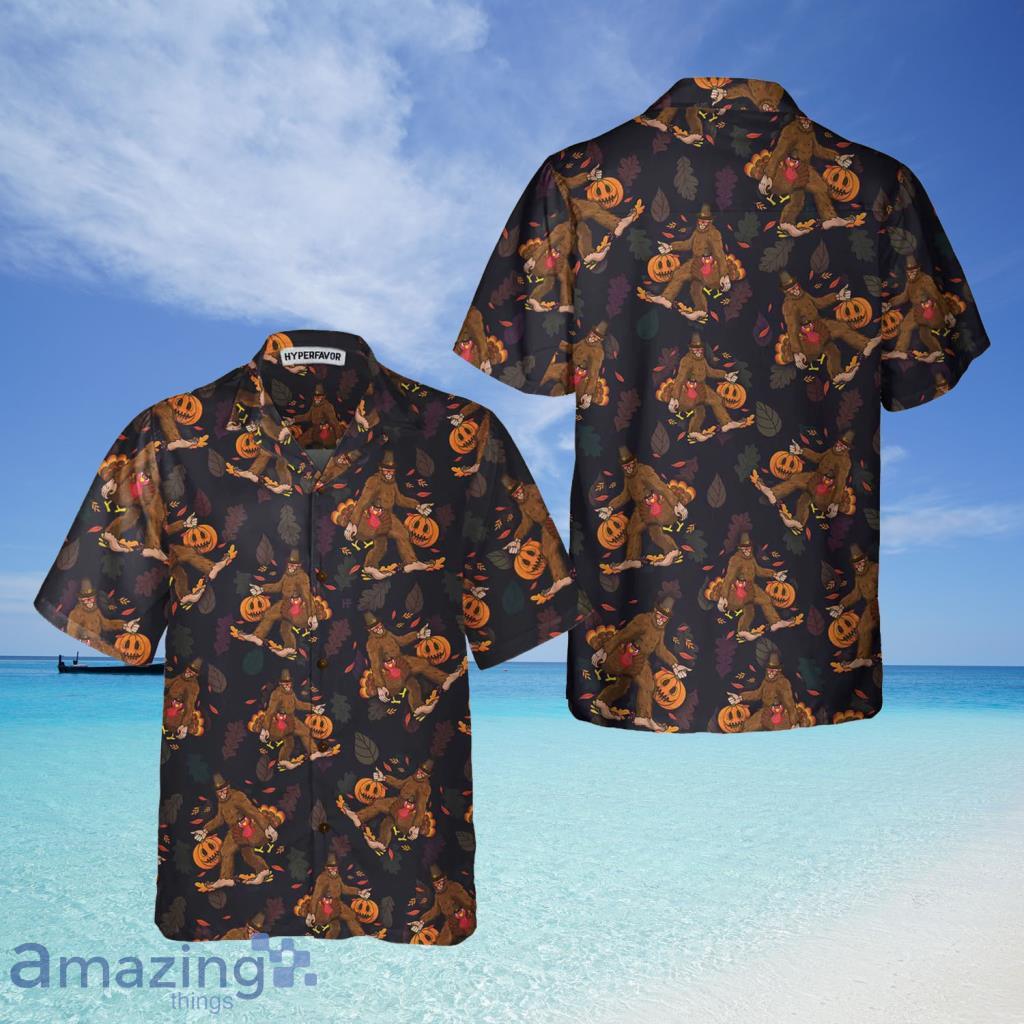 Bigfoot Grabbing Turkey And Pumpkin Hawaiian Shirt - Bigfoot Grabbing Turkey And Pumpkin Hawaiian Shirt