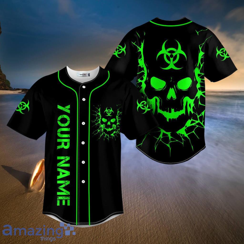 Biohazard Symbol Green Flame Skull Custom Baseball Jerseys  For Men And Women - Biohazard Symbol Green Flame Skull Custom Baseball Jerseys  For Men And Women