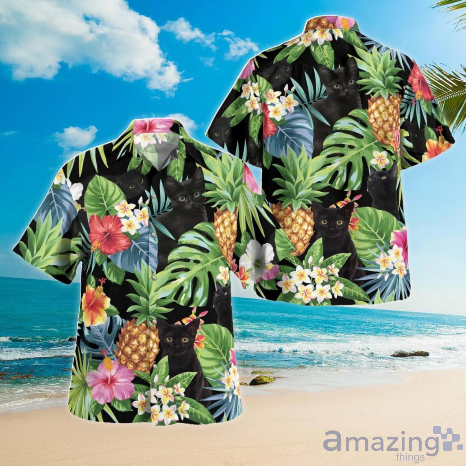 Black Cat Tropical Leaf Hawaiian Shirt For Men And Women Product Photo 1