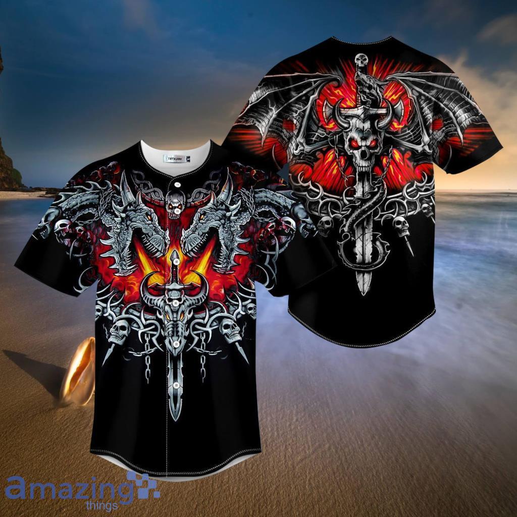 Black Dragon Sword Fire Skull Baseball Jerseys  For Men And Women - Black Dragon Sword Fire Skull Baseball Jerseys  For Men And Women