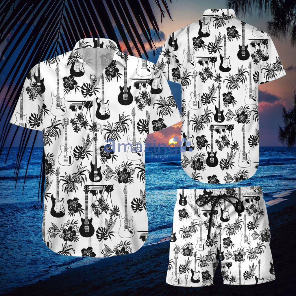 Black Electric Guitar And Pineapple Pattern White Hawaiian Shirt And Short - Black Electric Guitar And Pineapple Pattern White Hawaiian Shirt And Short