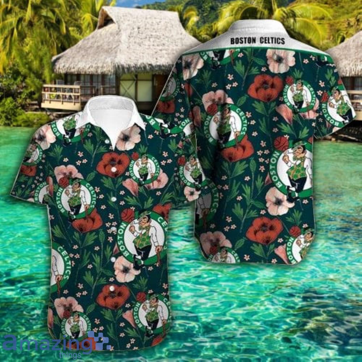 Boston Celtics Red Floral Pattern Short Sleeve Hawaiian Shirt Product Photo 1