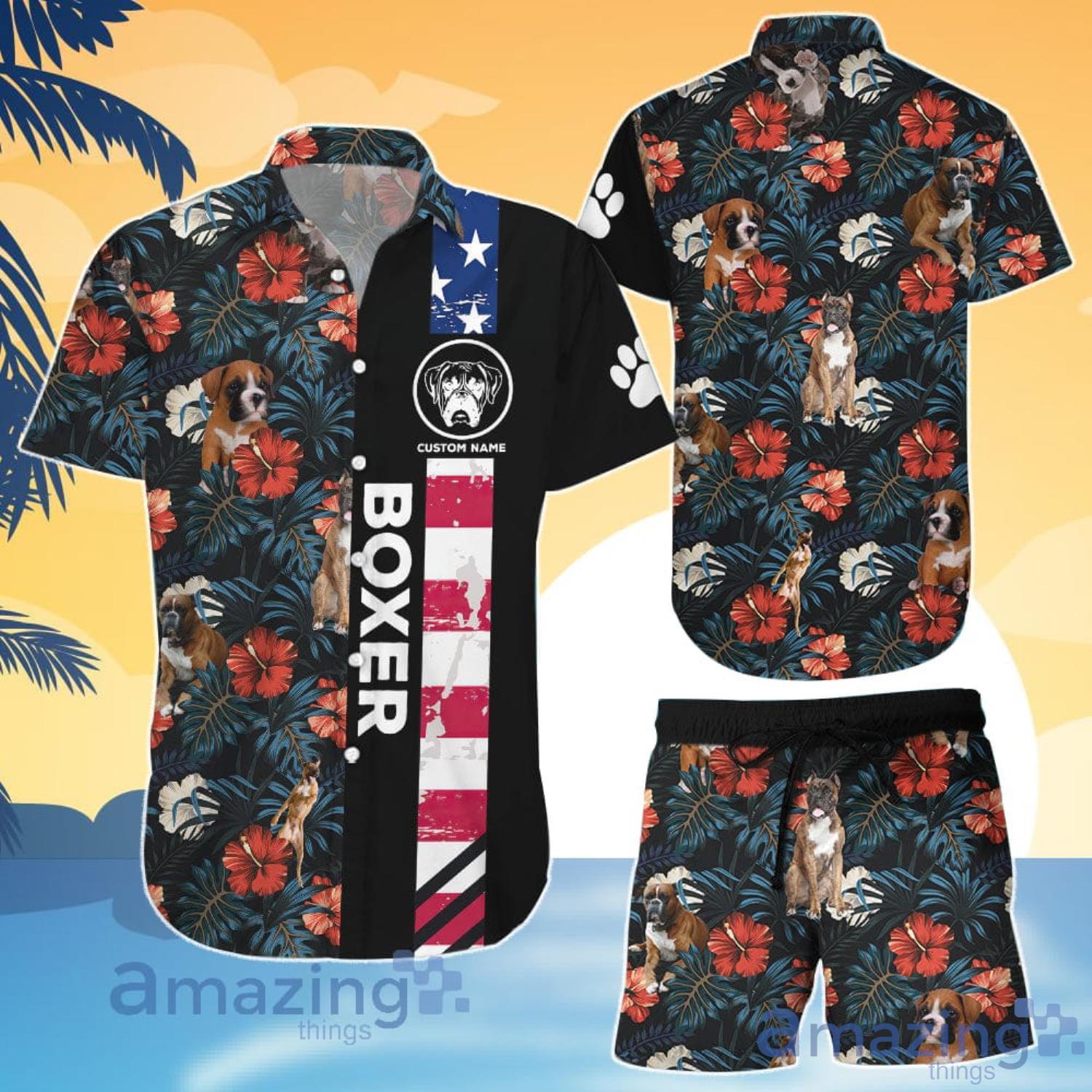 Boxer Dog Lover Custom Name Boxer American Flag Tropical Hawaiian Shirt And Shorts Product Photo 1