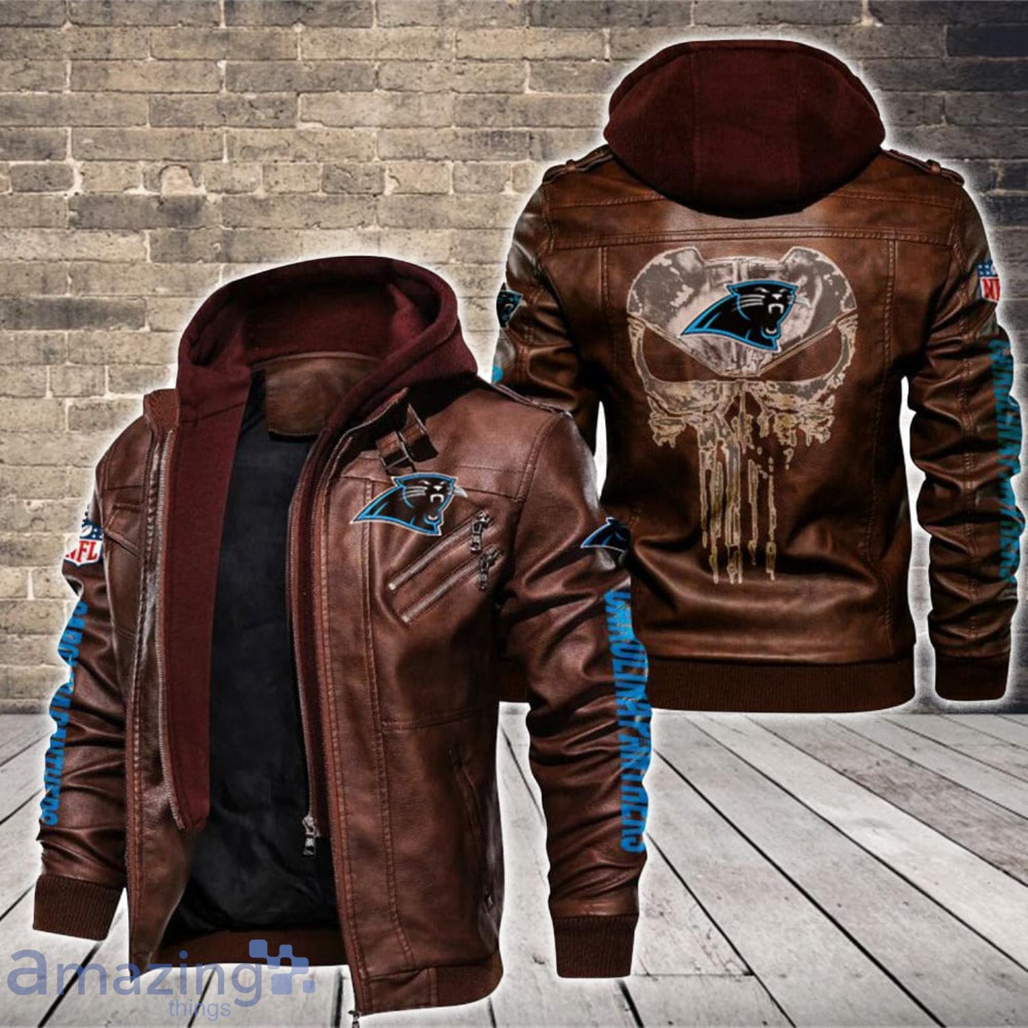 Carolina Panthers Skull Pattern  Leather Jacket Product Photo 1