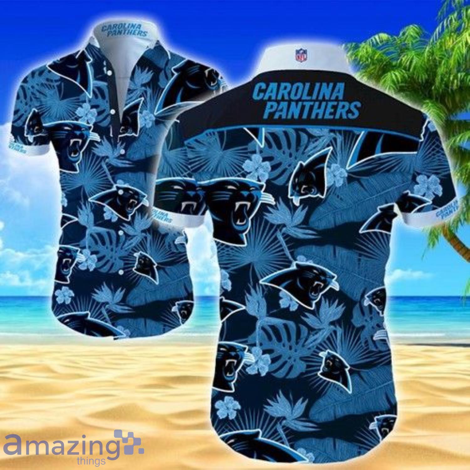 Carolina Panthers Tropical Leaves And Flowers Short Sleeve Hawaiian Shirt Product Photo 1