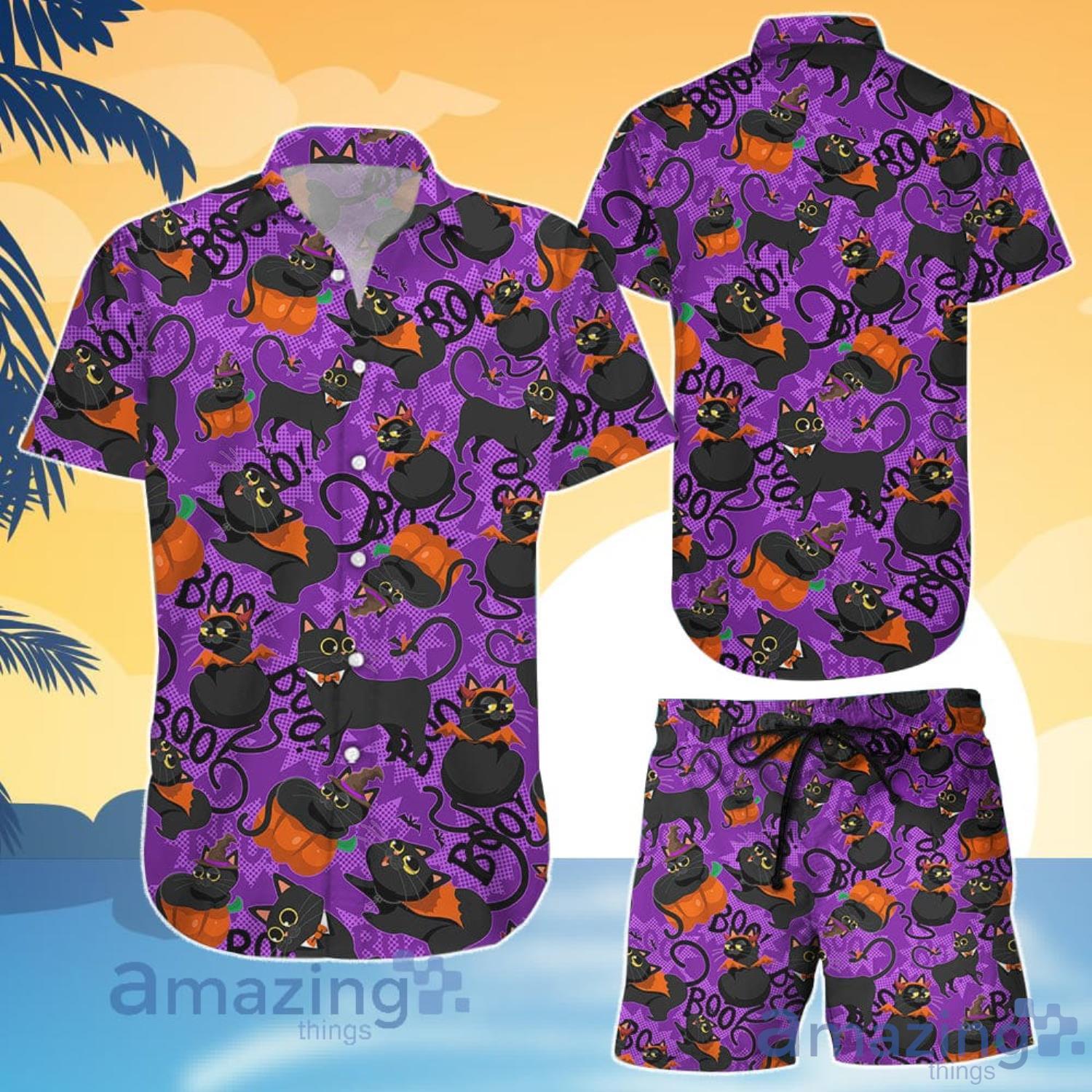 Cat Lover Halloween Cat Boo Pumpkin Pattern Hawaiian Shirt And Shorts Product Photo 1
