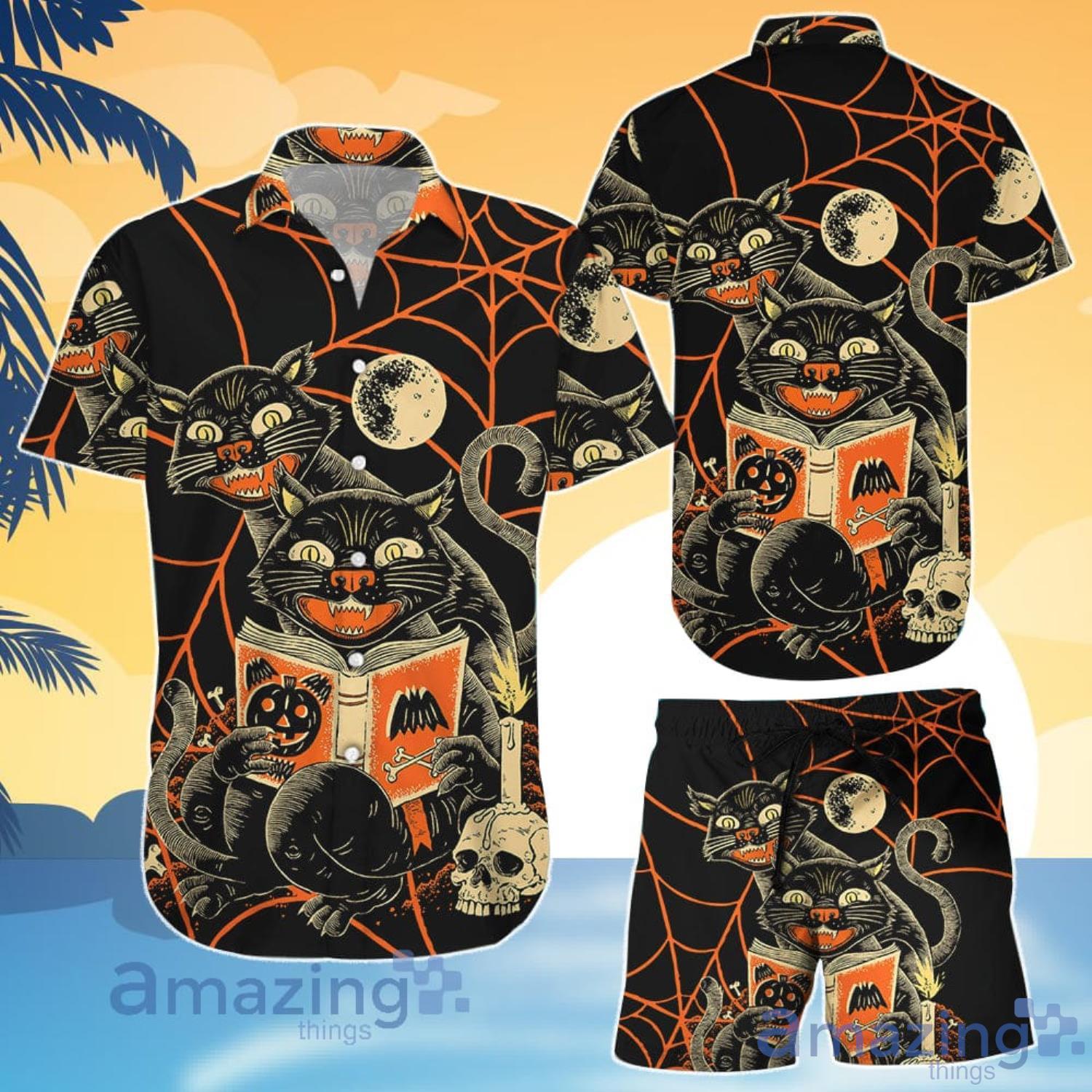 Cat Lover Halloween Cat Reading Book Spider Web Hawaiian Shirt And Shorts Product Photo 1