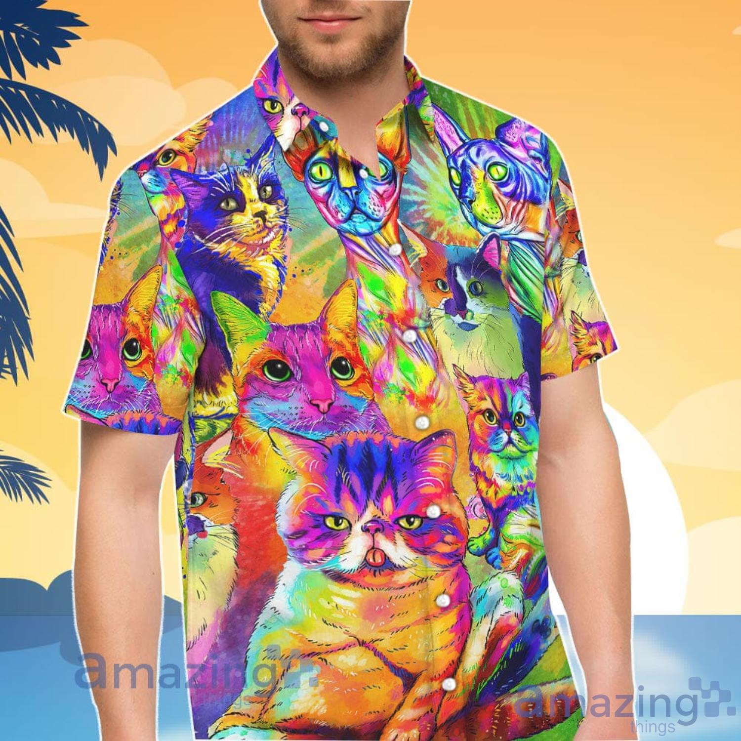 Cat Lover Watercolor With Cat Painting Portrait Rainbow Hawaiian Shirt And Shorts image Cat Lover Watercolor With Cat Painting Portrait Rainbow Hawaiian Shirt And Shorts Product Photo 2