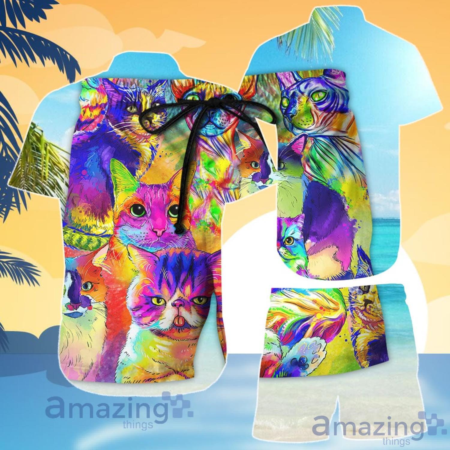 Cat Lover Watercolor With Cat Painting Portrait Rainbow Hawaiian Shirt And Shorts image Cat Lover Watercolor With Cat Painting Portrait Rainbow Hawaiian Shirt And Shorts Product Photo 3