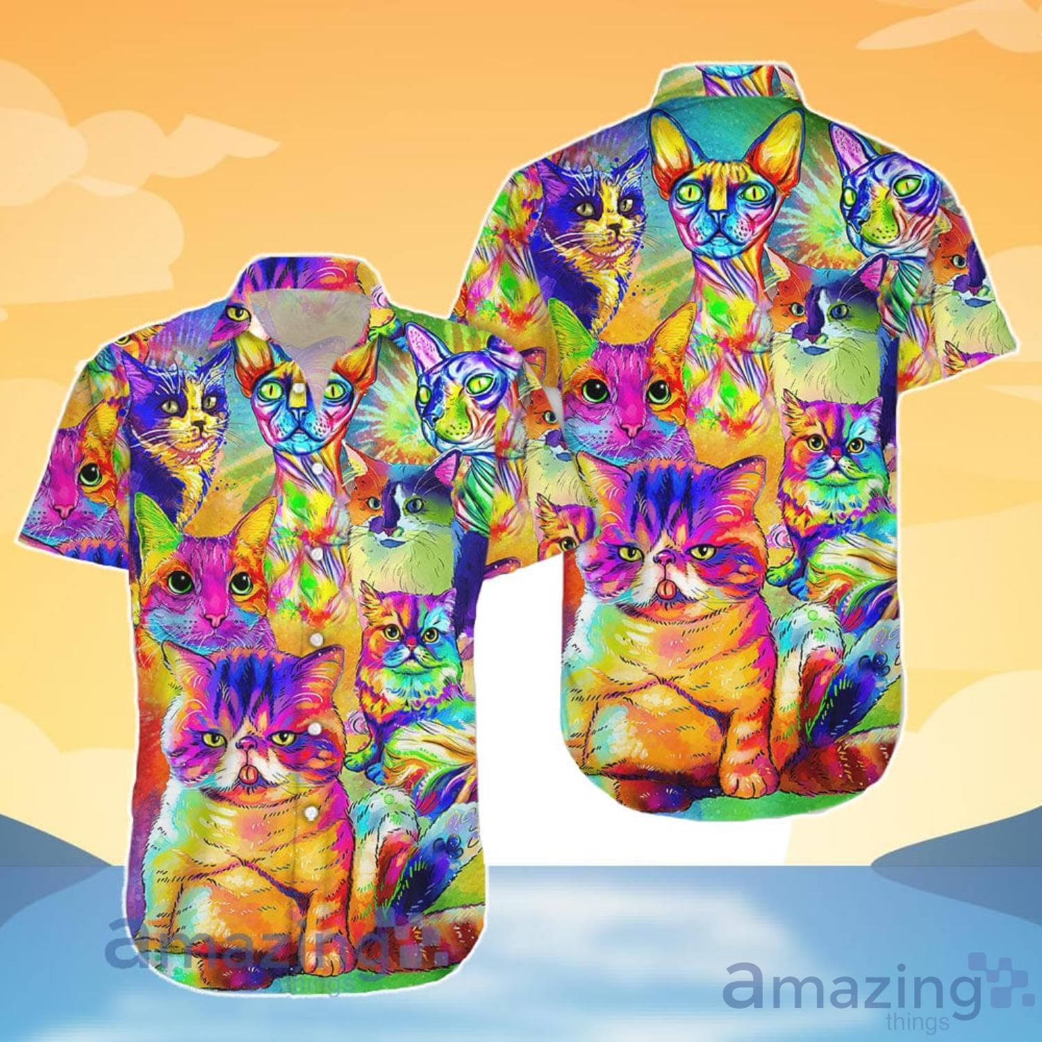 Cat Lover Watercolor With Cat Painting Portrait Rainbow Hawaiian Shirt And Shorts image Cat Lover Watercolor With Cat Painting Portrait Rainbow Hawaiian Shirt And Shorts Product Photo 4