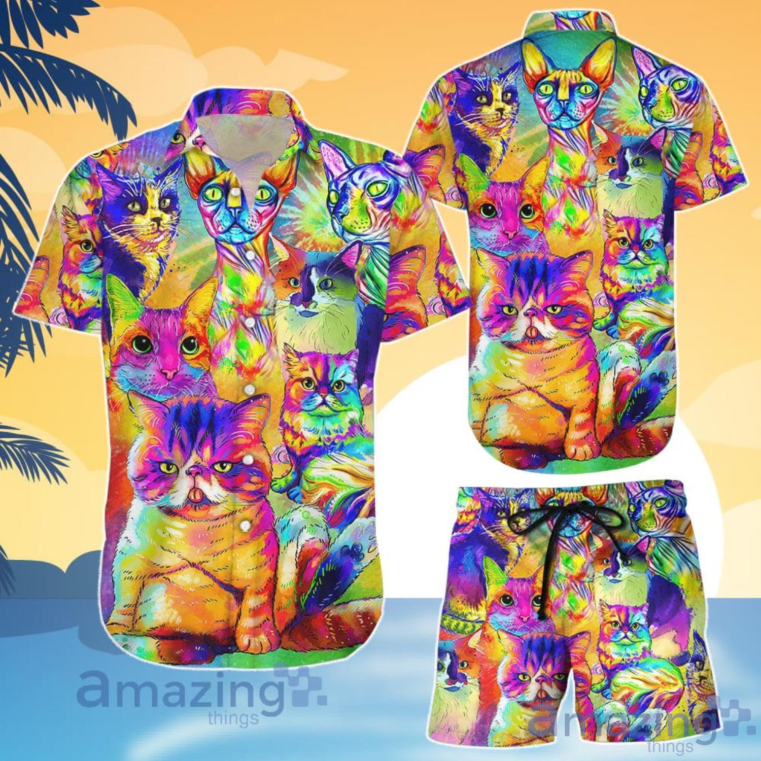 Cat Lover Watercolor With Cat Painting Portrait Rainbow Hawaiian Shirt And Shorts Product Photo 1