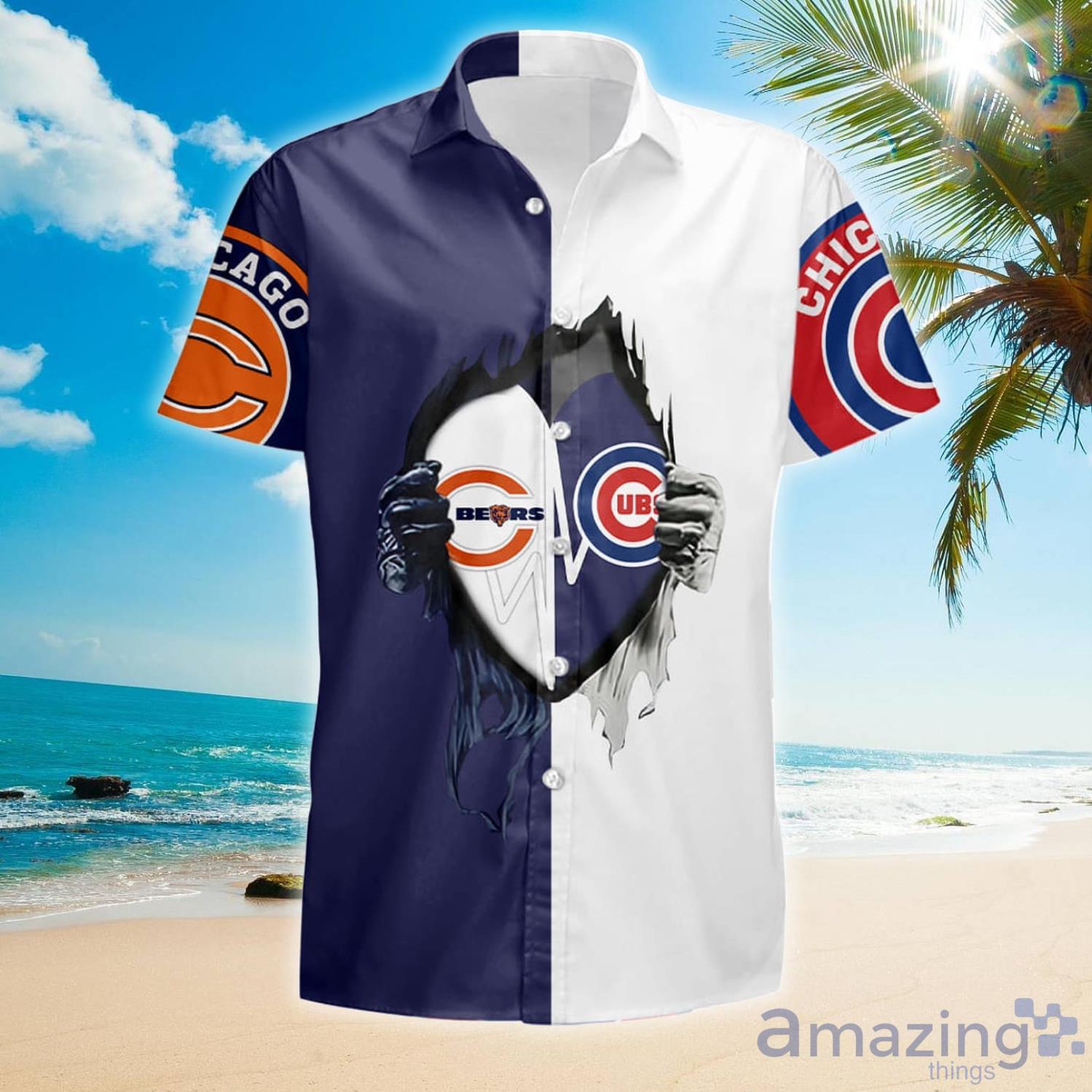 Chicago Bears And Chicago Cubs Heartbeat Love Summer Gift Hawaiian