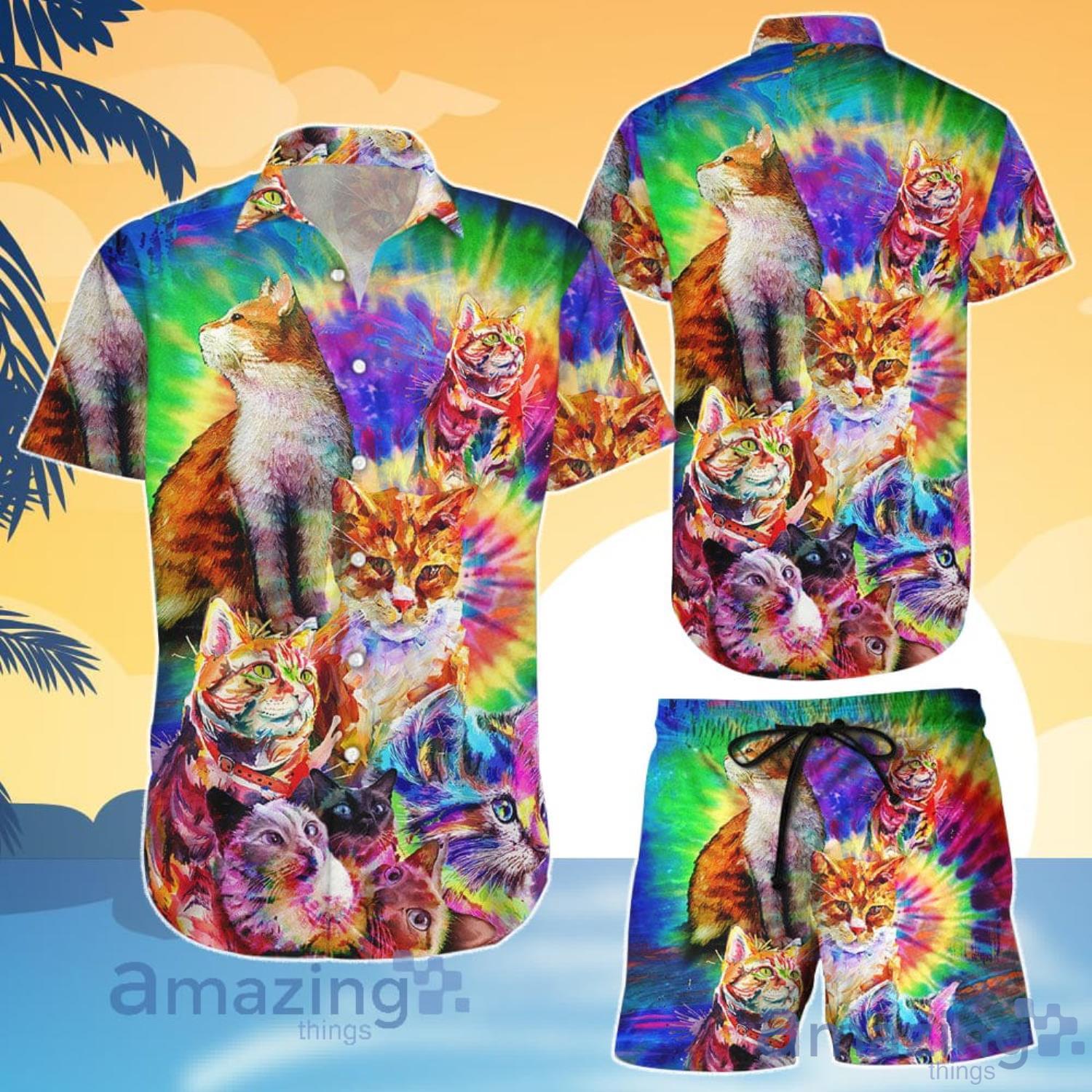 Colorful Cat Lover Cats Rainbow Tie Dye Hawaiian Shirt And Shorts Product Photo 1