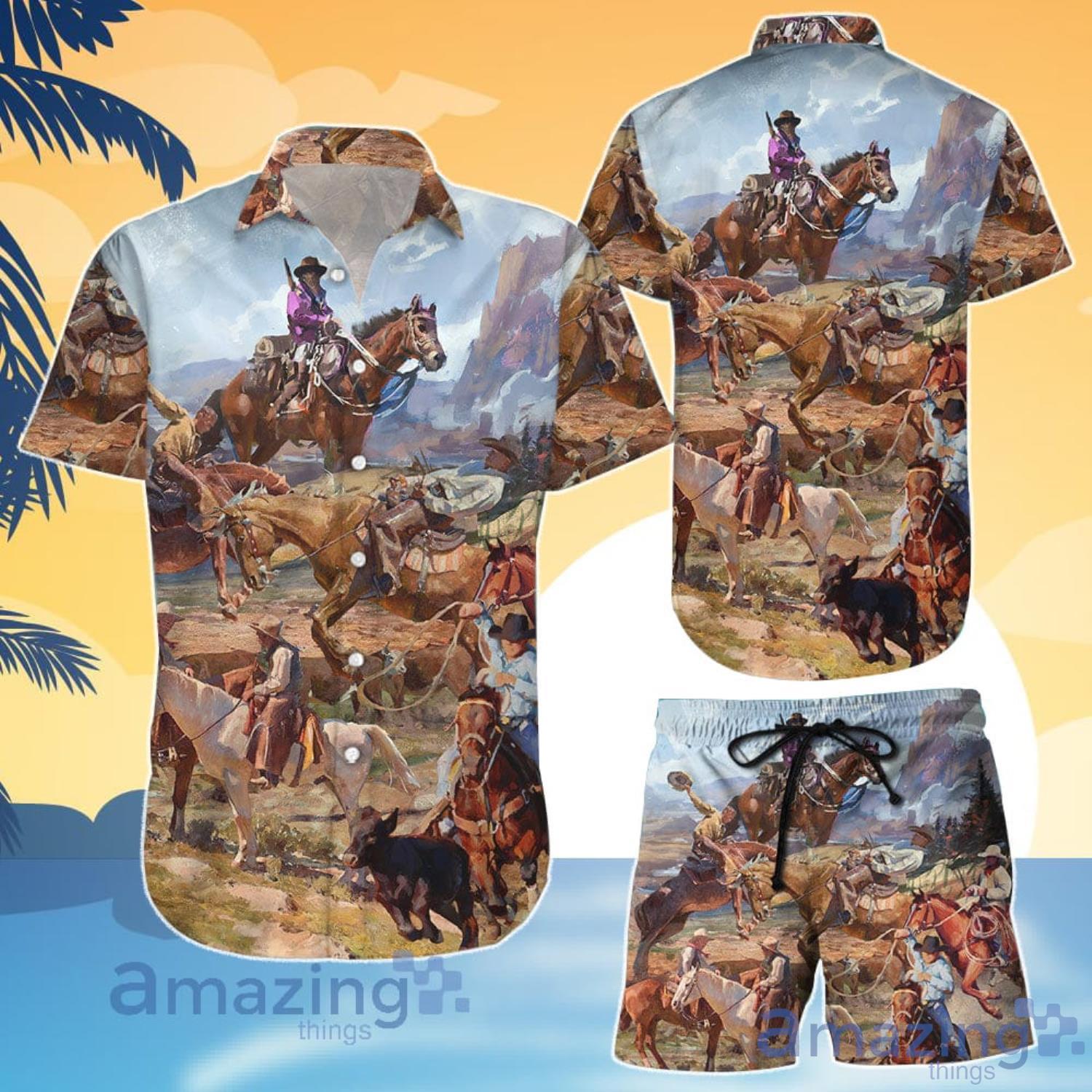  Cowboy Watercolor Riding Horse Western Hawaiian Shirt And Shorts Product Photo 1