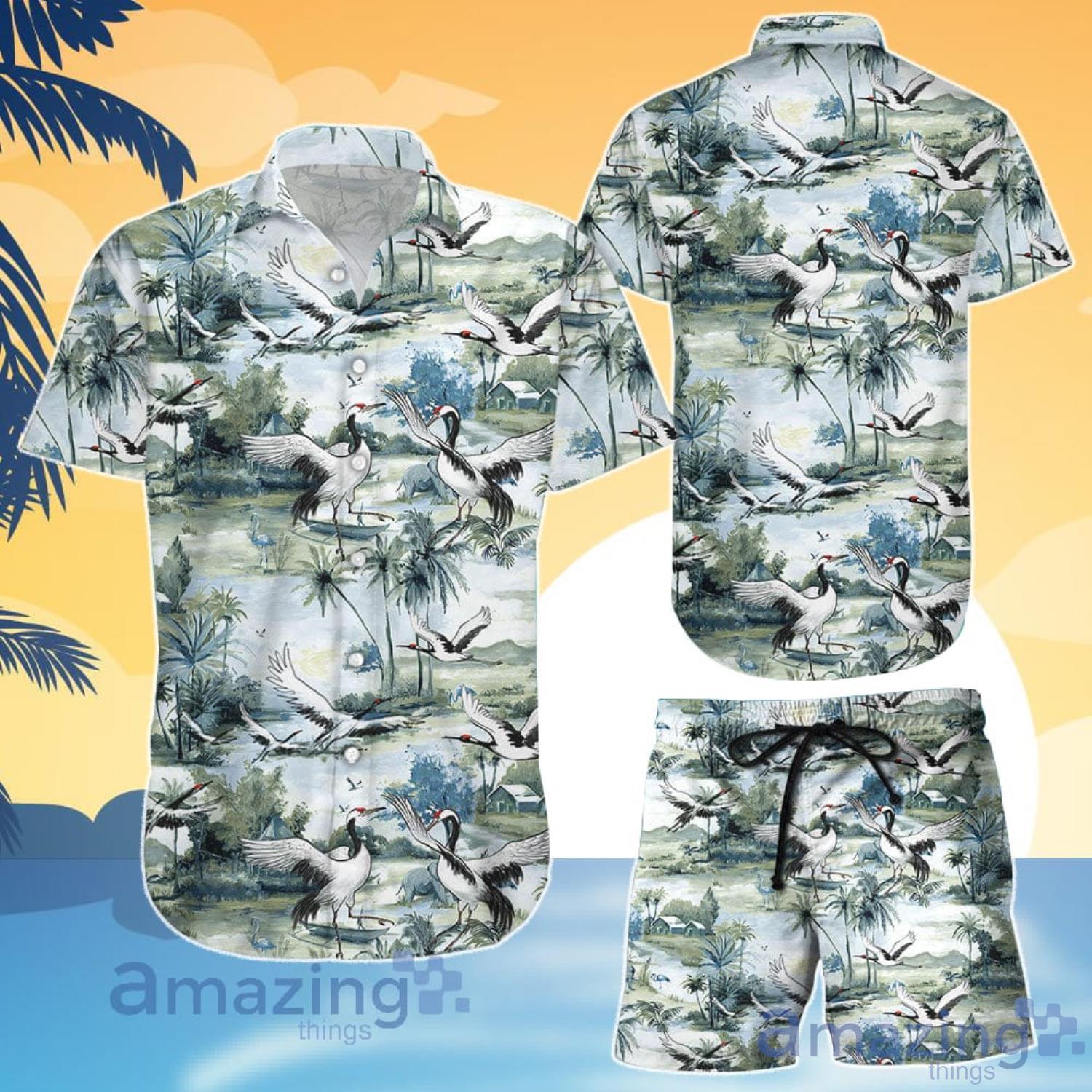 Crane White Japanese Crane Art Hawaiian Shirt And Shorts Product Photo 1 Crane White Japanese Crane Art Hawaiian Shirt And Shorts Product Photo 1