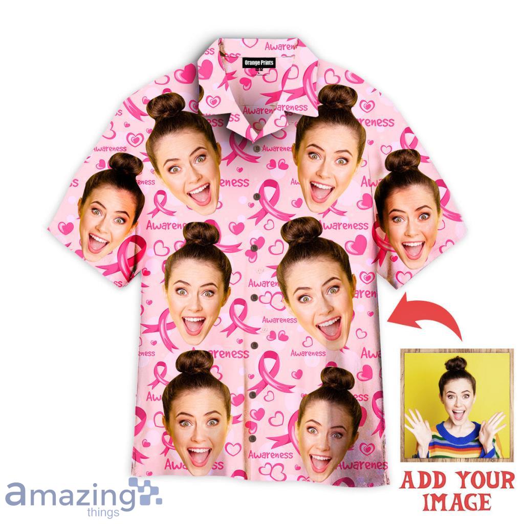 Custom Face Ribbons Hearts Breast Cancer Custom Hawaiian Shirt - Custom Face Ribbons Hearts Breast Cancer Custom Hawaiian Shirt