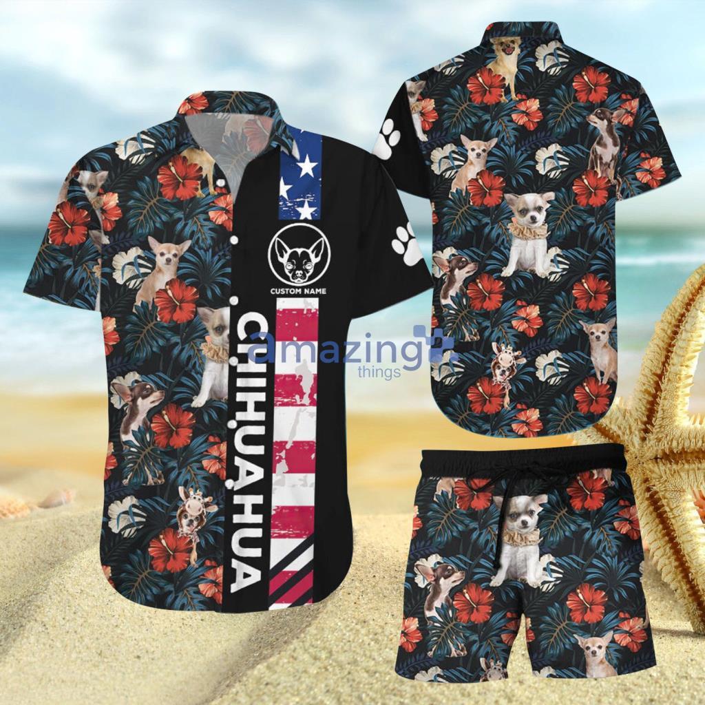 Custom Name Chihuahua American Flag Tropical Button Down Hawaiian Shirt And Short - Custom Name Chihuahua American Flag Tropical Button Down Hawaiian Shirt And Short
