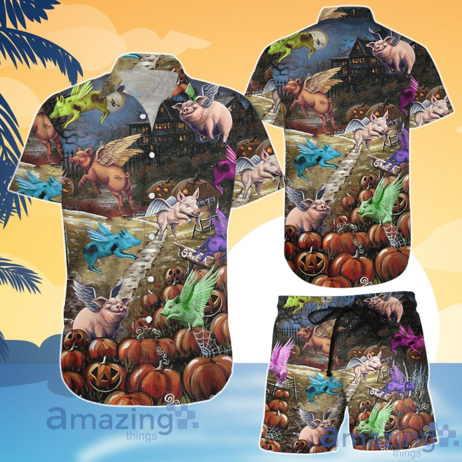 Cute Pig Shirt Halloween Flying Pig Pumpkins Hawaiian Shirt And Shorts Product Photo 1