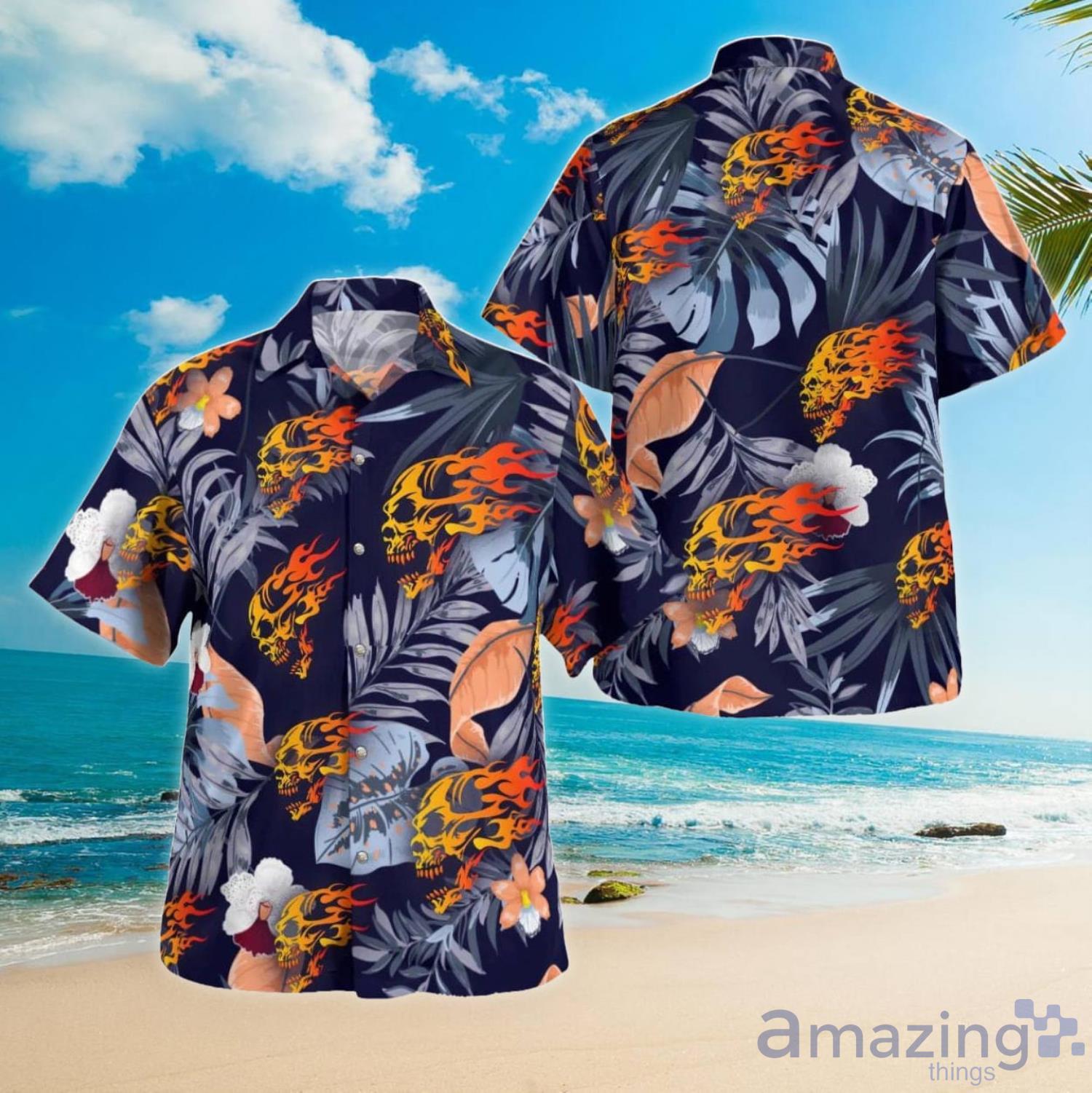 Flaming Angry Skull Leaf Pattern Hawaiian Shirt For Men And Women Product Photo 1