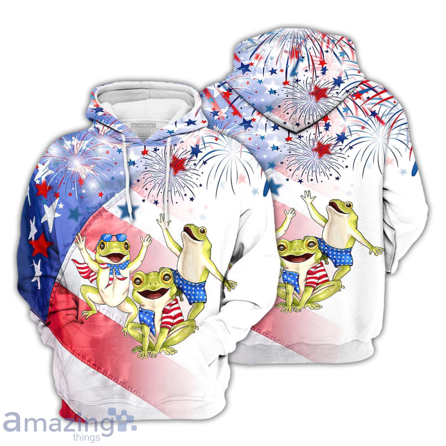 Frogs With Firework 4th Of July Independence Day All Over Print Hoodie Product Photo 1