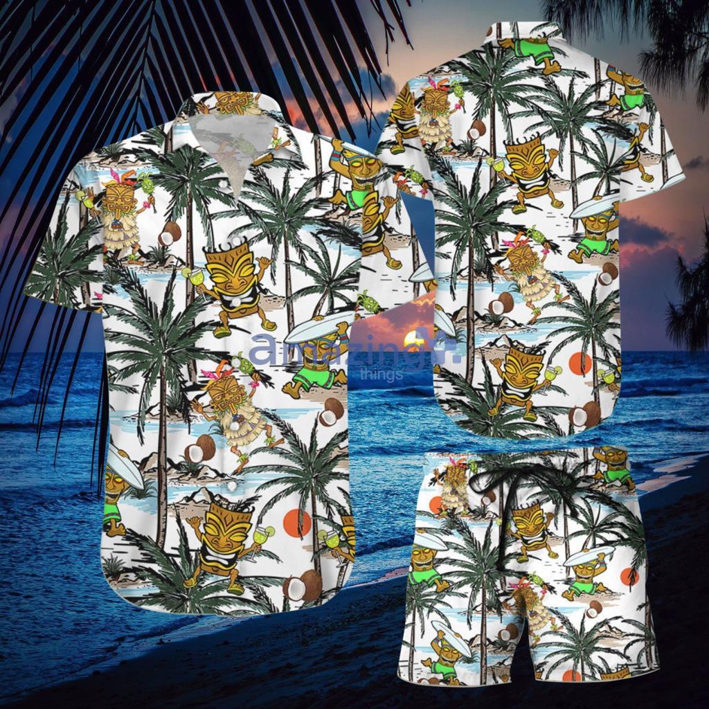 Funny Tiki Romping With Coconut Tree Hawaiian Shirt And Short - Funny Tiki Romping With Coconut Tree Hawaiian Shirt And Short