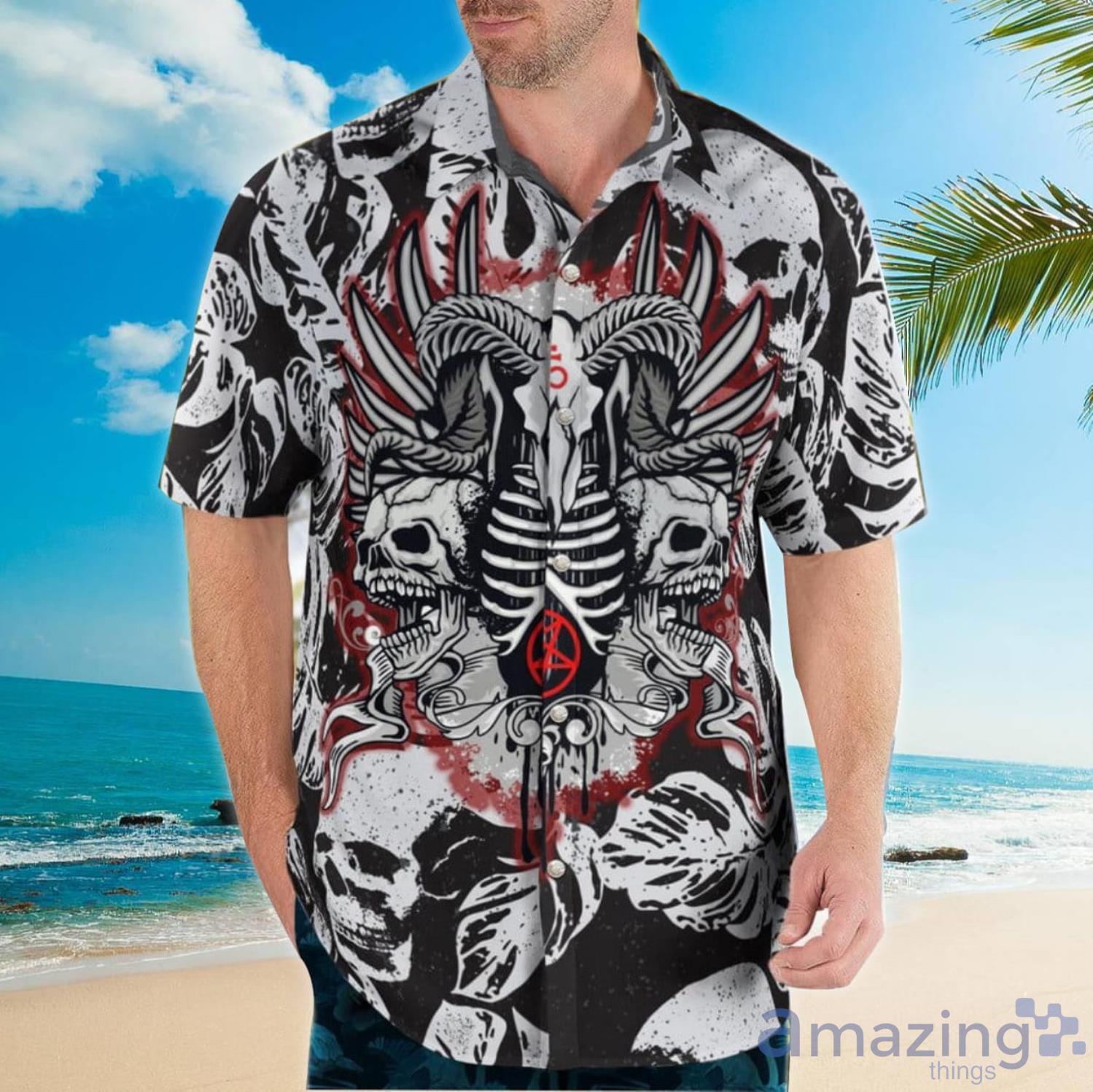 Goat Skull With Pentagram Satanic Aloha Happy Summer Hawaiian Shirt For Men And Women Product Photo 1