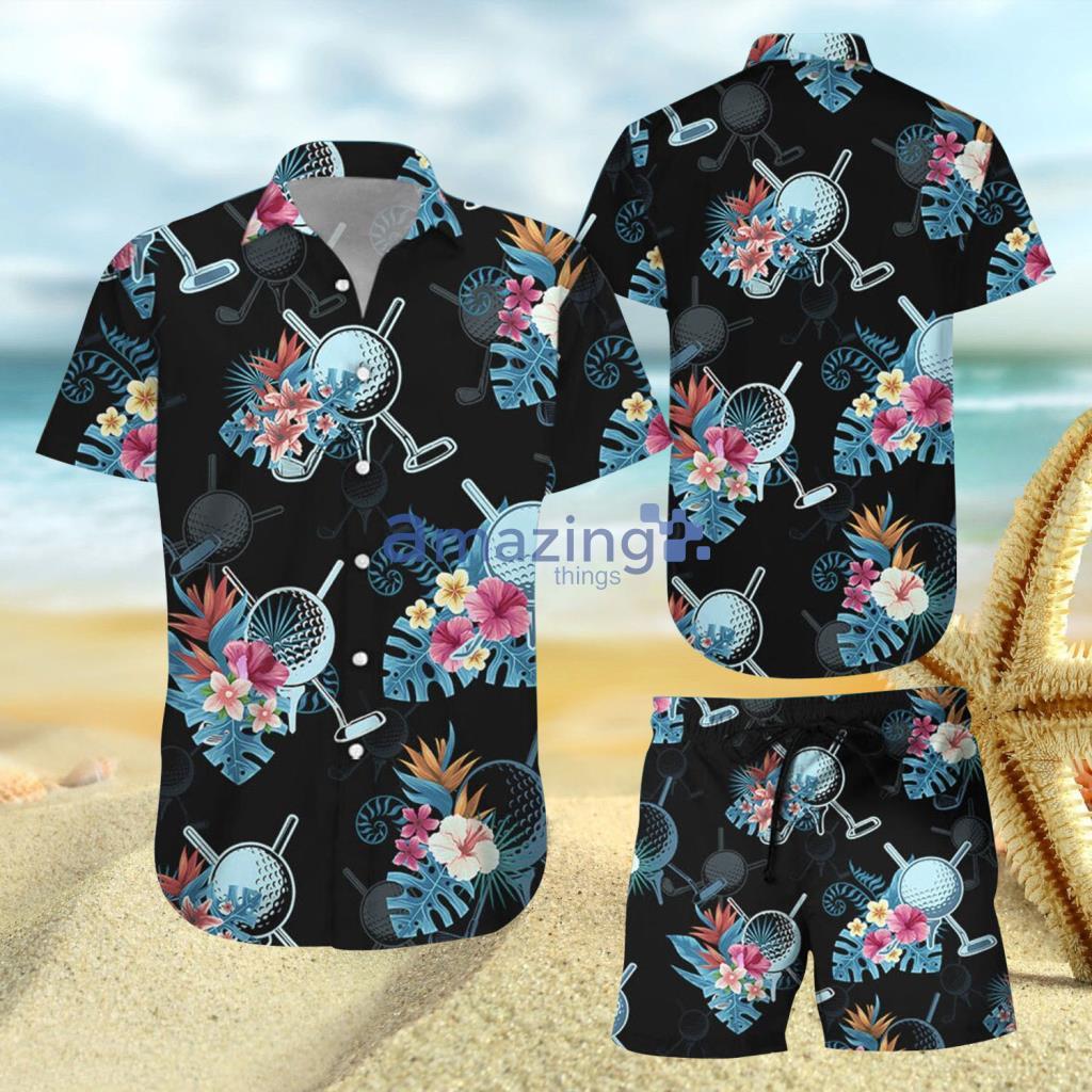 Golf Tropical Pattern In Black Hawaiian Shirt And Short - Golf Tropical Pattern In Black Hawaiian Shirt And Short