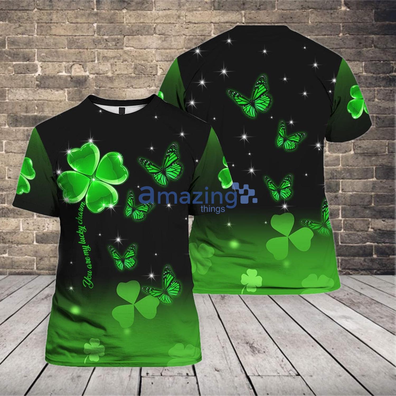 Green Shamrock St Patrick's Day Butterfly 3D T-Shirt Product Photo 1