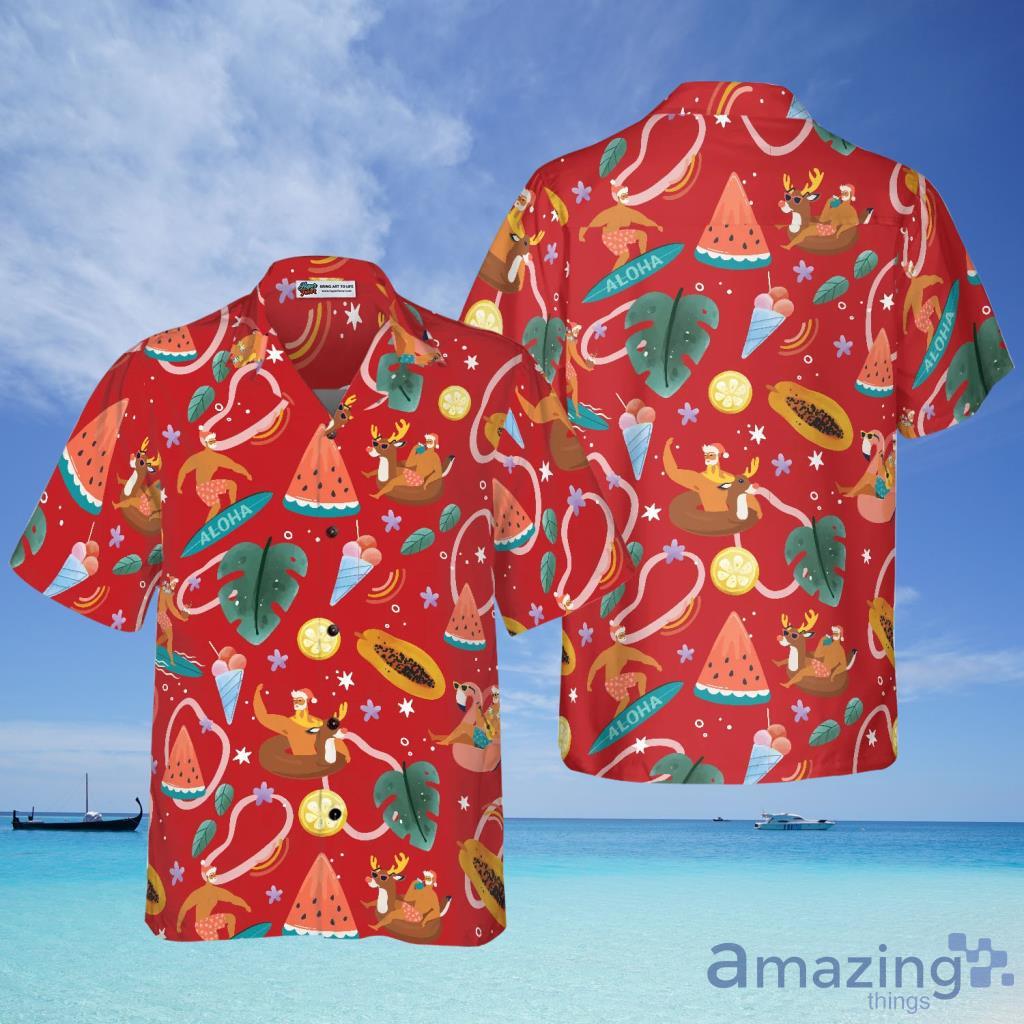 Hyperfavor Santa Surfing Pattern Red Hawaiian Shirt For Men And Women - Hyperfavor Santa Surfing Pattern Red Hawaiian Shirt For Men And Women