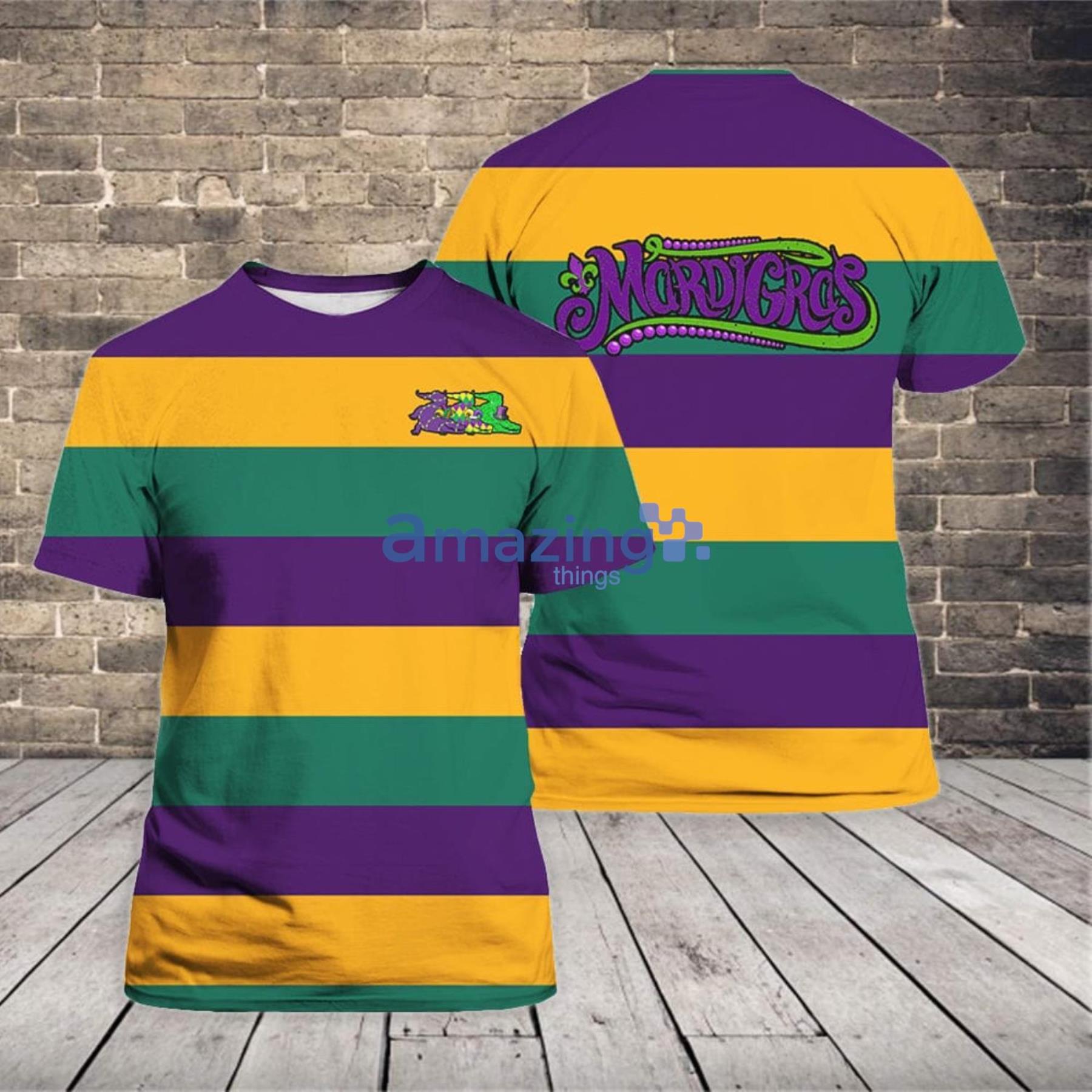Mardi Gras Alligators Striped 3D T-Shirt Product Photo 1
