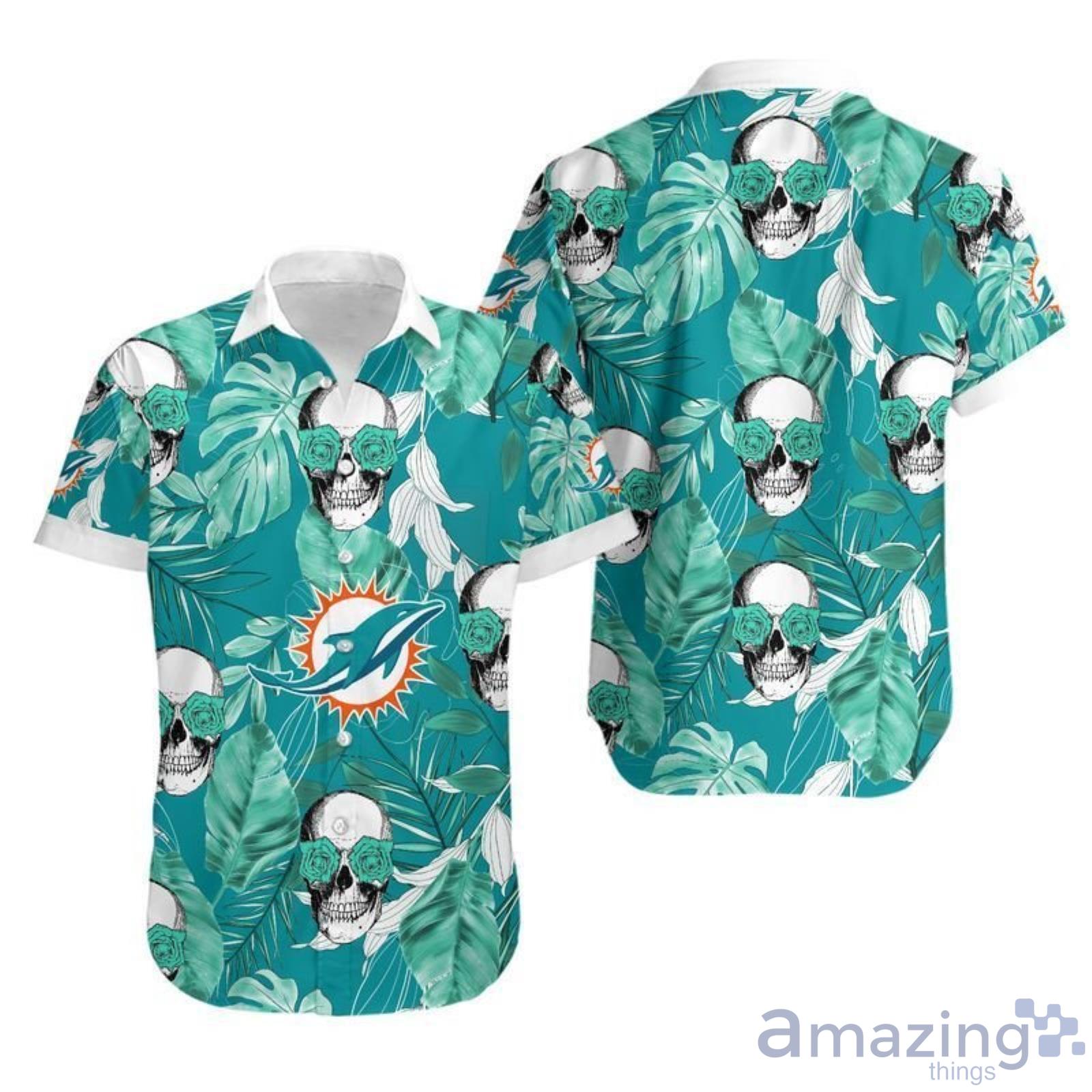 Miami Dolphins Coconut Leaves And Skulls Hawaii Shirt For Men And Women Product Photo 1