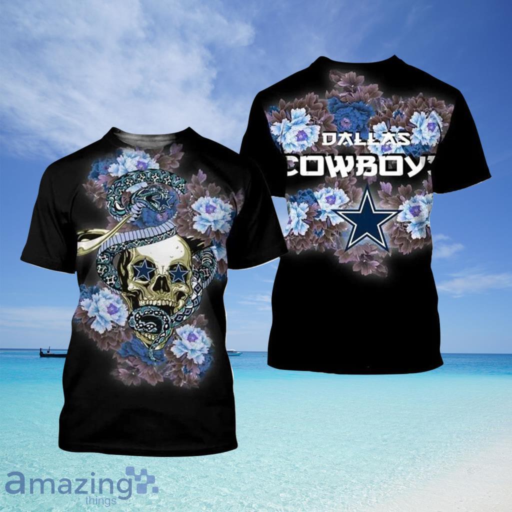 NFL Dallas Cowboys Skull And Flower  All Over Print 3D T Shirt Gift For Fans - NFL Dallas Cowboys Skull And Flower  All Over Print 3D T Shirt Gift For Fans
