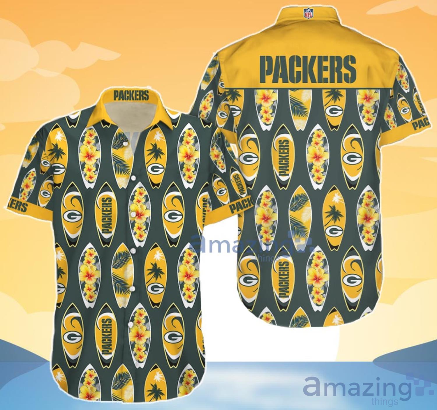 NFL Green Bay Packers Yellow Cover Green Text Hawaiian Shirt