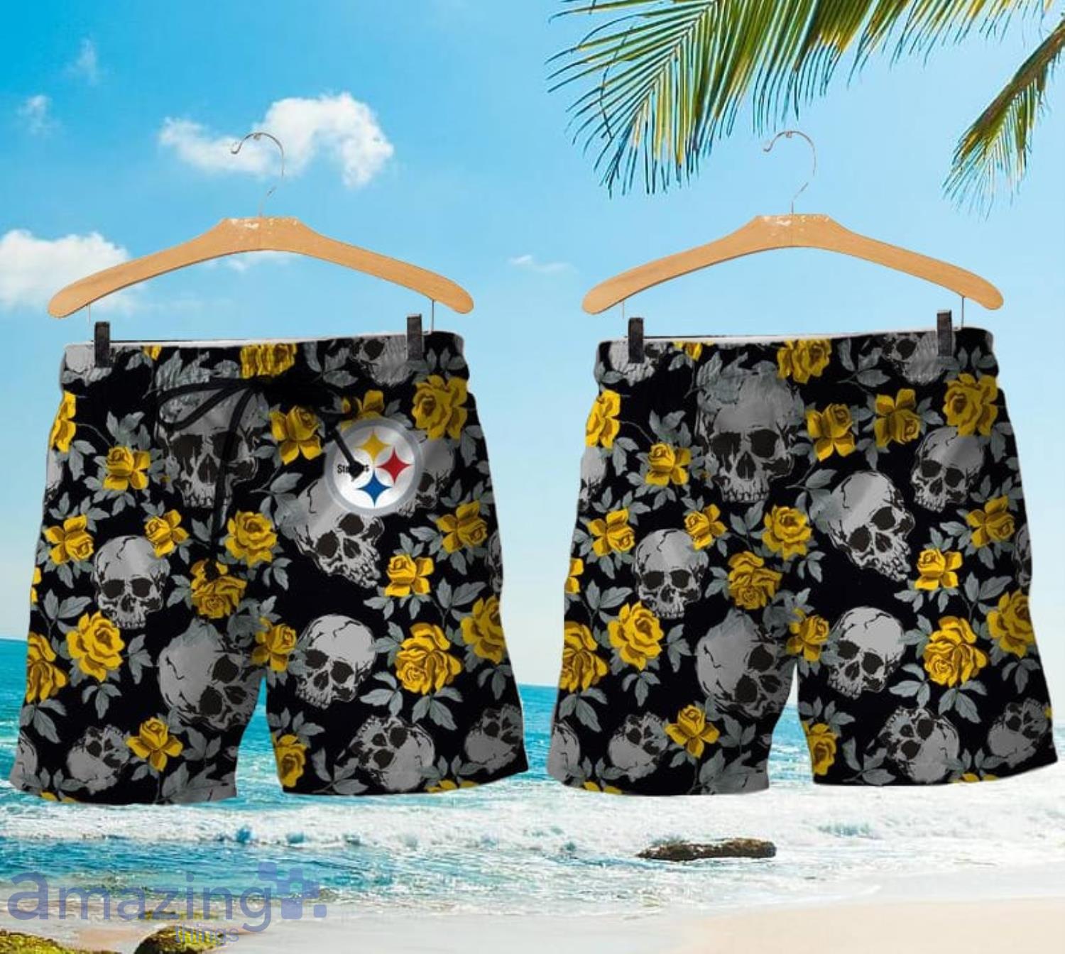 Pittsburgh Steelers Roses And Skull Hawaiian Shirt And Short image Pittsburgh Steelers Roses And Skull Hawaiian Shirt And Short Product Photo 2