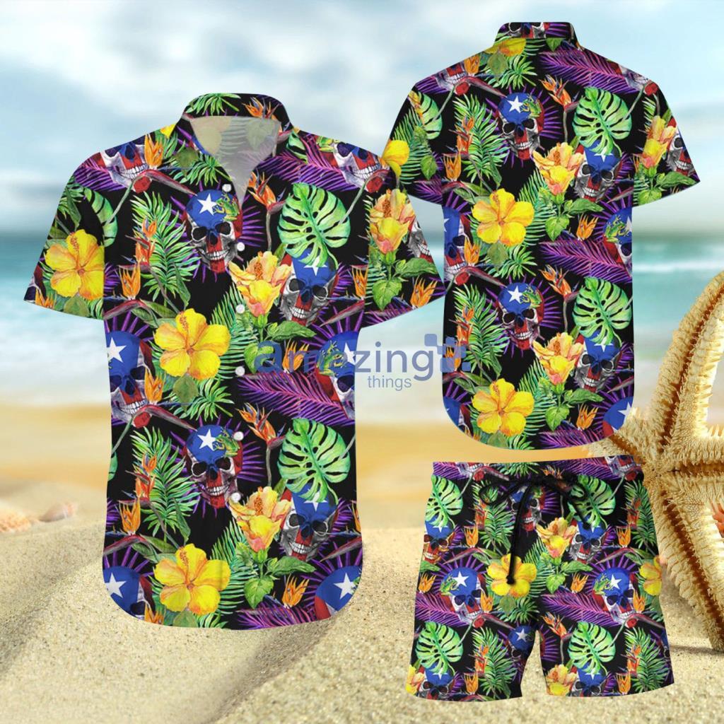 Puerto Rico Skull Tropical Flowers Hawaiian Shirt And Short - Puerto Rico Skull Tropical Flowers Hawaiian Shirt And Short