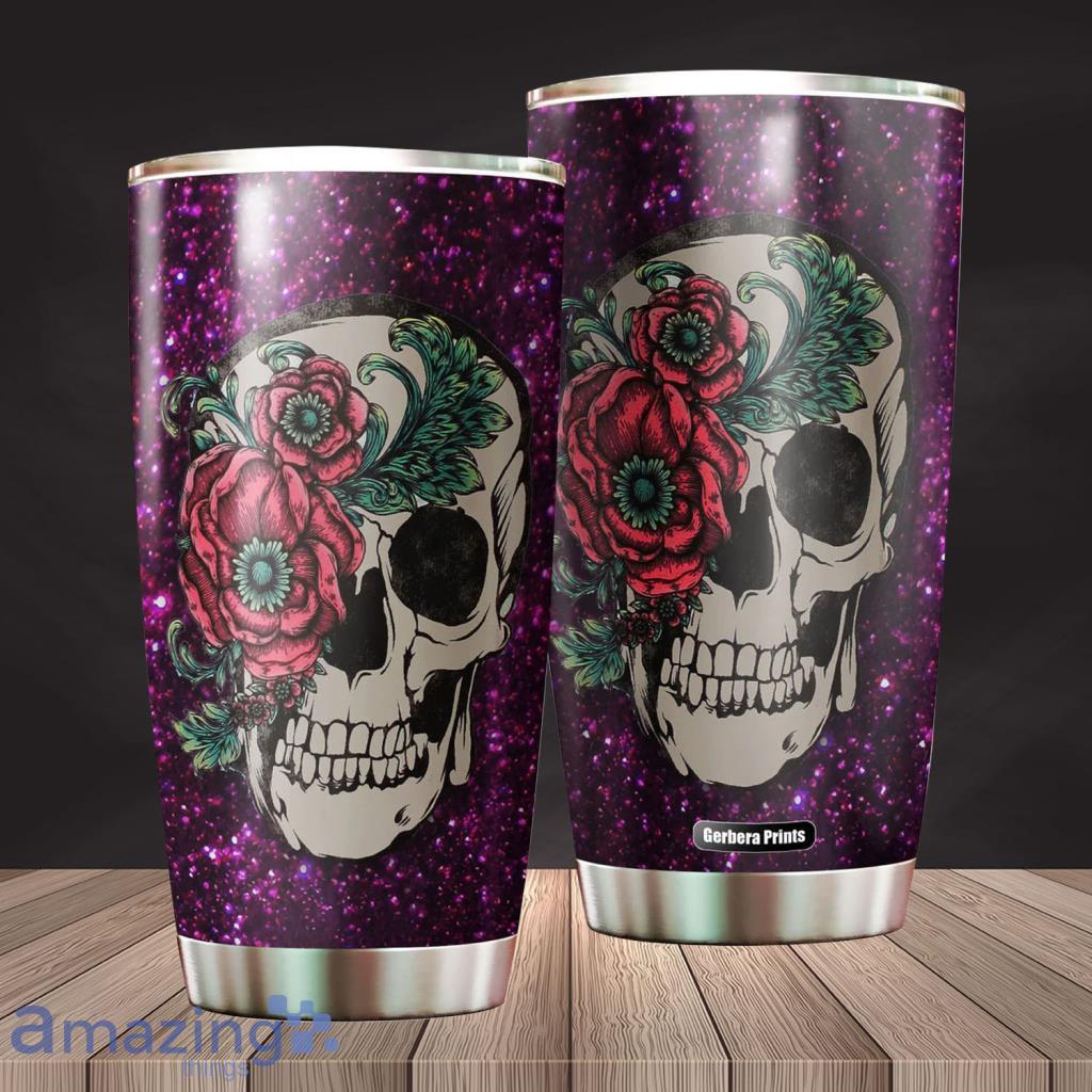 Purple Flowers Skull Stainless Steel Tumbler - Purple Flowers Skull Stainless Steel Tumbler