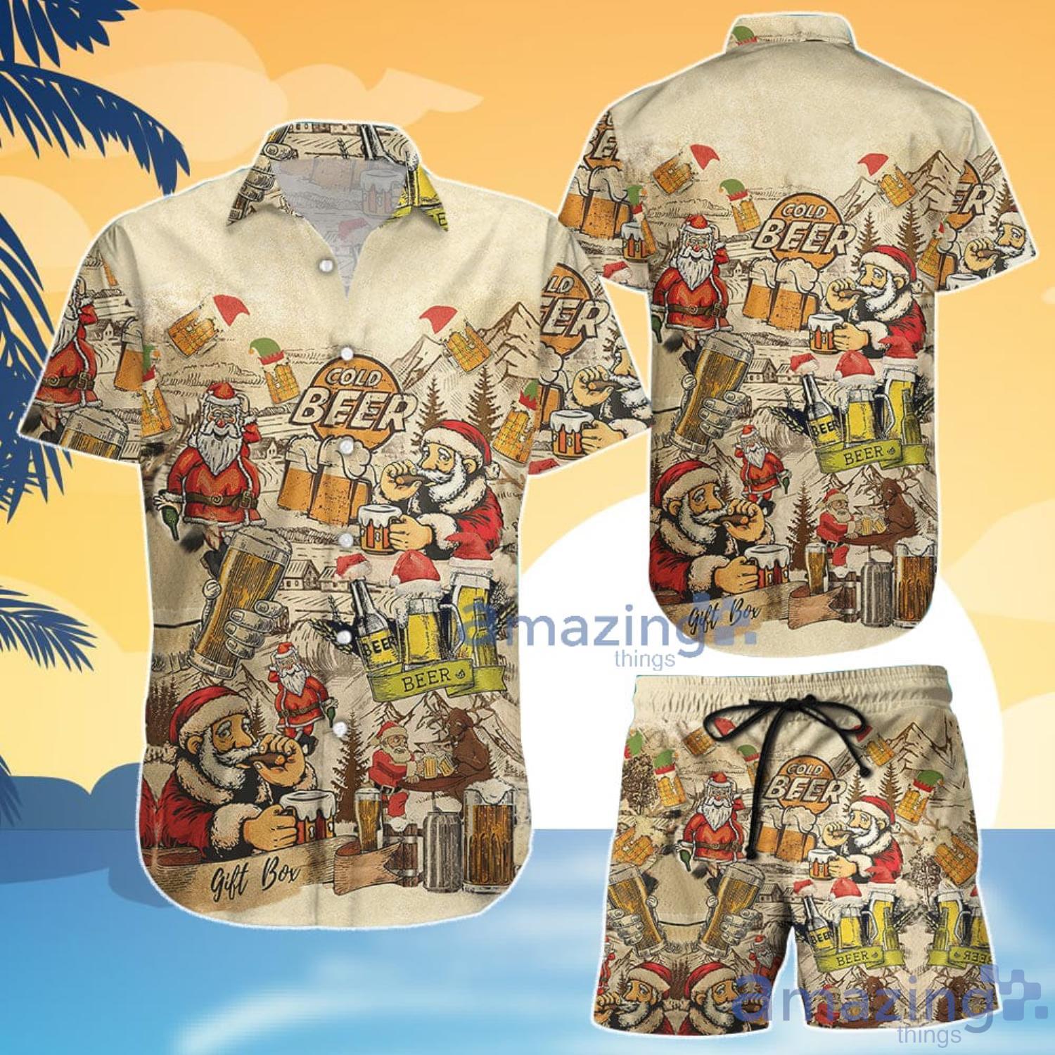 Santa Claus Hawaiian Shirt Christmas Drinking Beer With Santa Claus Hawaiian Shirt And Shorts Gift For Summer Product Photo 1