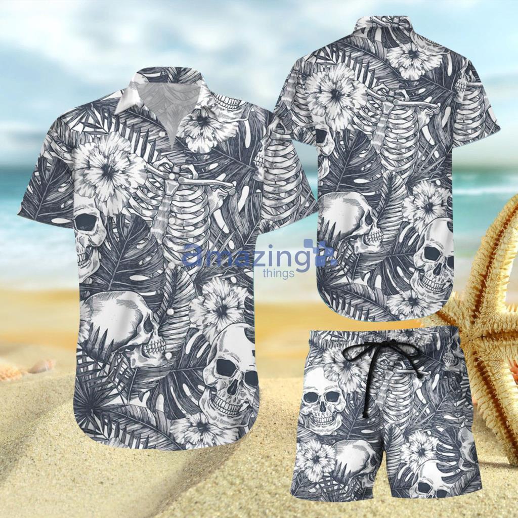 Skull Tropical Grey Hawaiian Shirt And Short - Skull Tropical Grey Hawaiian Shirt And Short