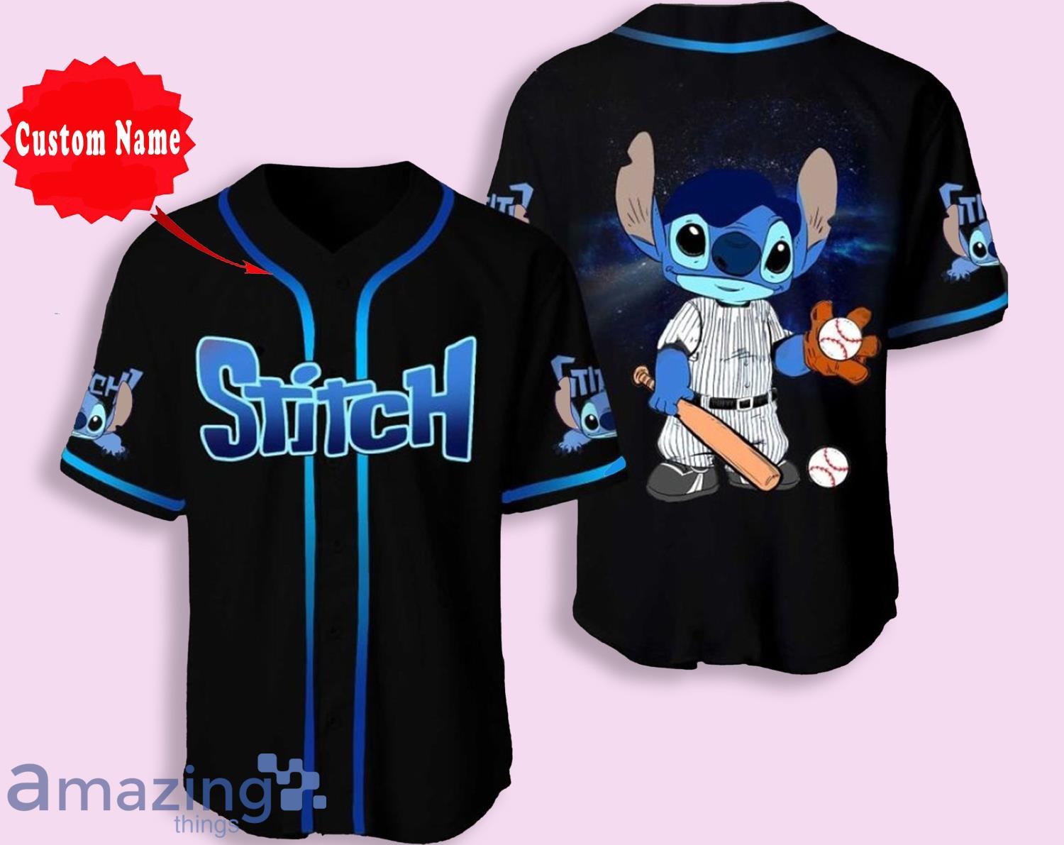 Stitch Striped Blue White Cartoon Custom Name & Number Baseball Jersey Shirt