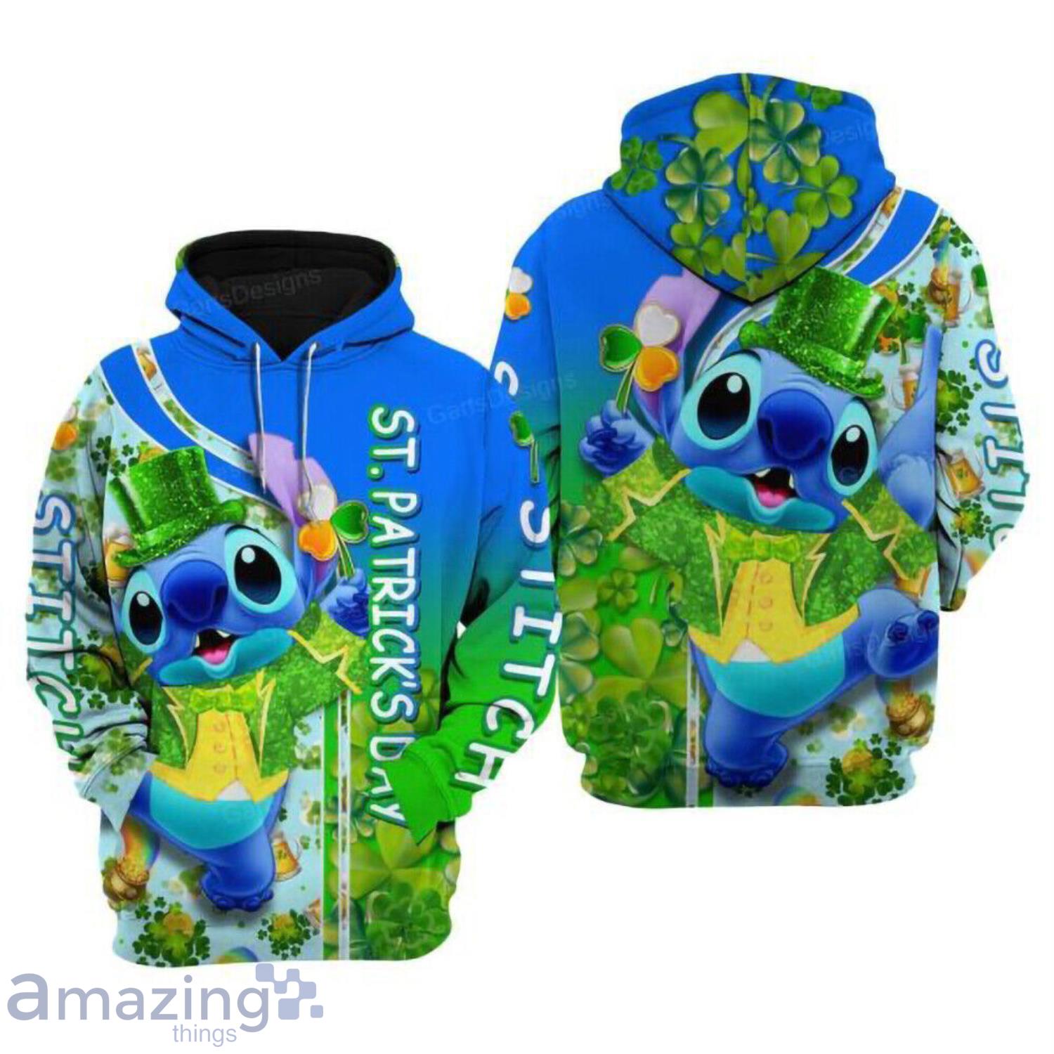 Stitch Clovers Gold Coins Happy St Patrick's Day Hoodie 3D Printed Product Photo 1