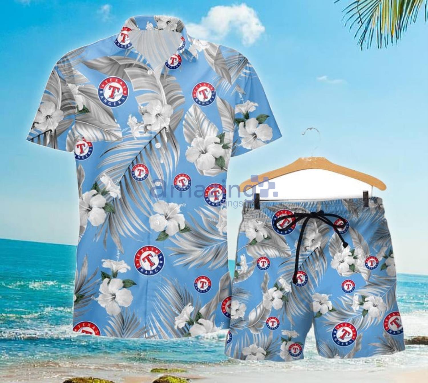 Texas Rangers Tropical Flowers For Fans Hawaiian Shirt and Short image Texas Rangers Tropical Flowers For Fans Hawaiian Shirt and Short Product Photo 2